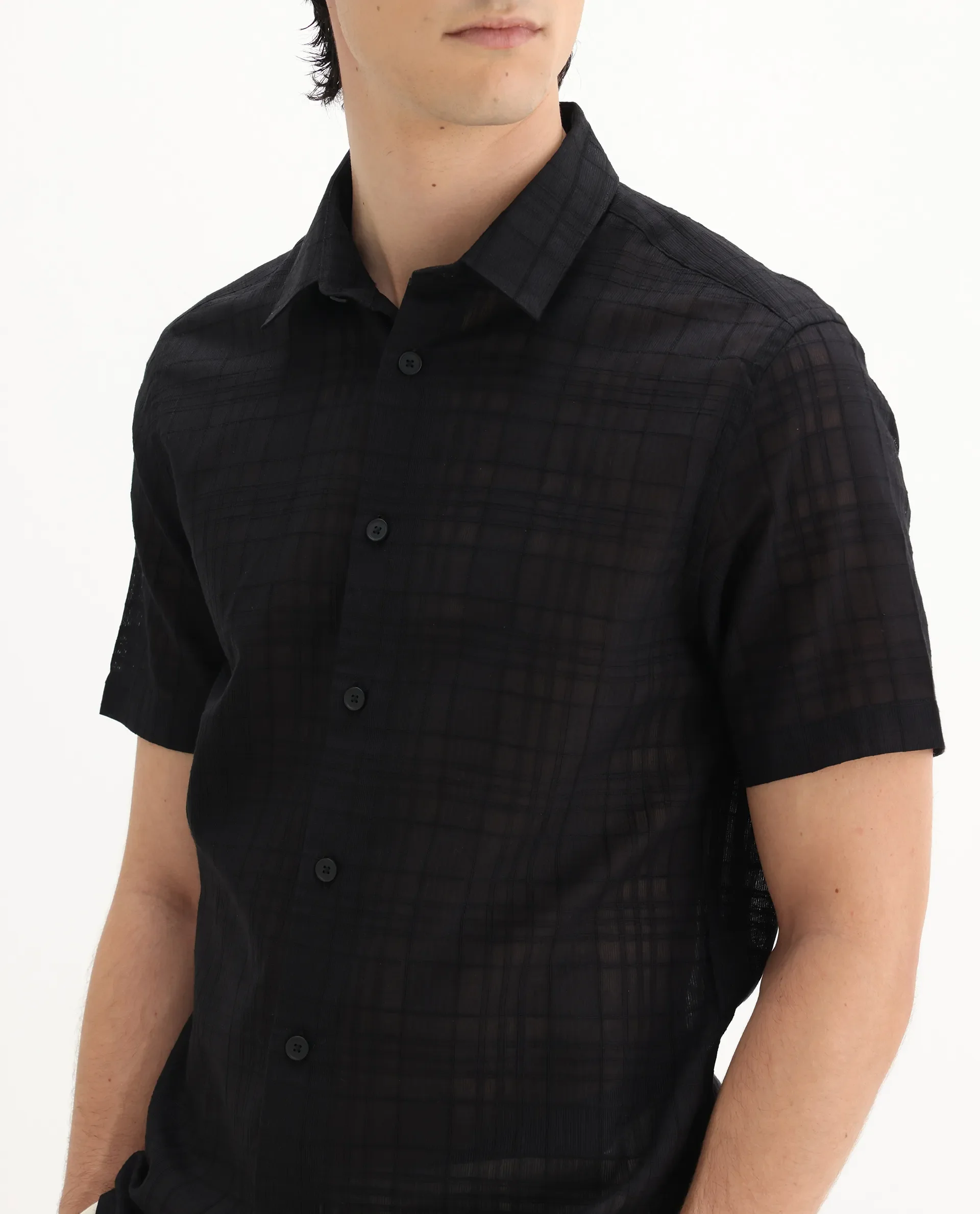Rare Rabbit Men's Parcor Black Cotton Checked Print Regular Fit Half Sleeve Collared Shirt - Image 3