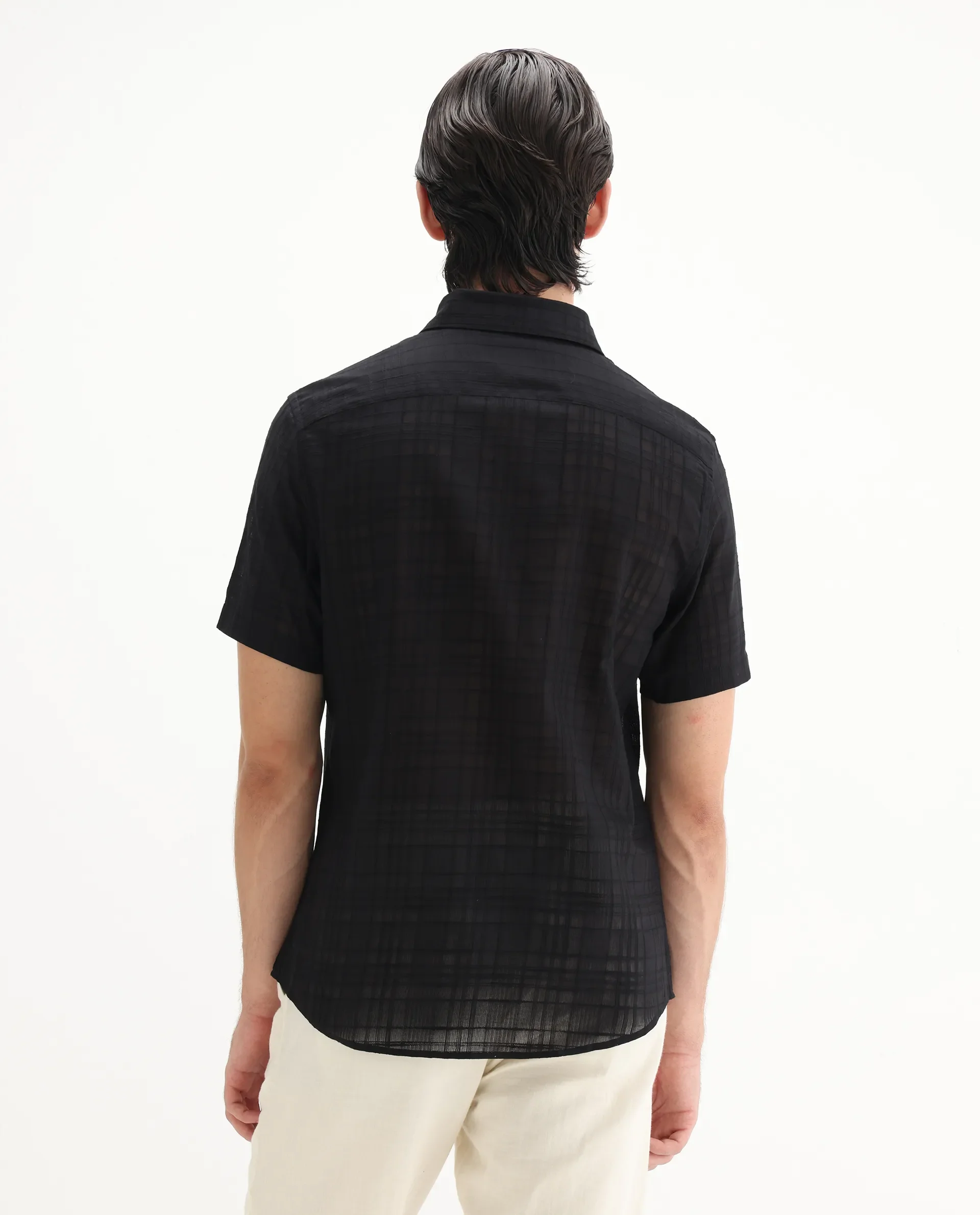 Rare Rabbit Men's Parcor Black Cotton Checked Print Regular Fit Half Sleeve Collared Shirt - Image 4