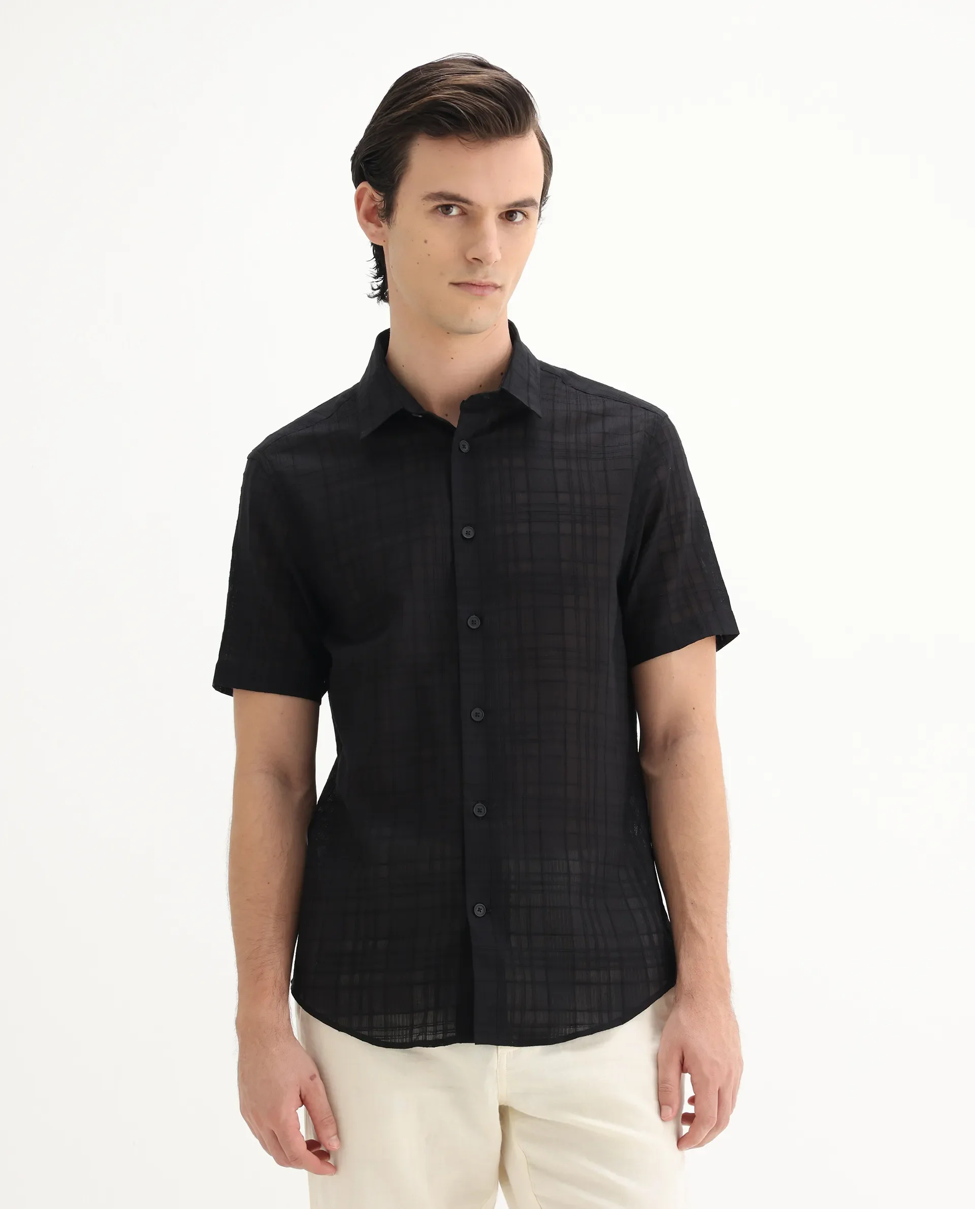 Rare Rabbit Men's Parcor Black Cotton Checked Print Regular Fit Half Sleeve Collared Shirt - Image 5
