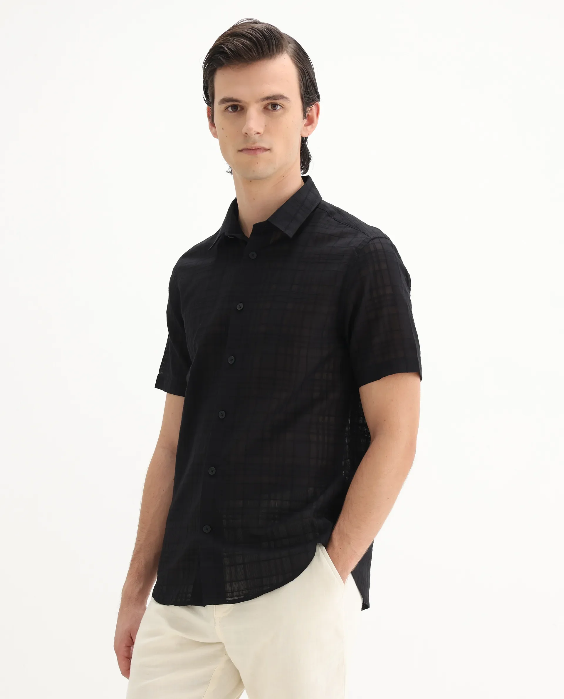 Rare Rabbit Men's Parcor Black Cotton Checked Print Regular Fit Half Sleeve Collared Shirt - Image 6