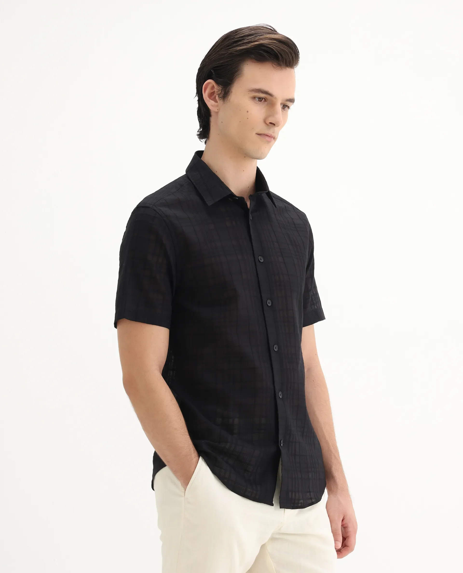 Rare Rabbit Men's Parcor Black Cotton Checked Print Regular Fit Half Sleeve Collared Shirt - Image 7
