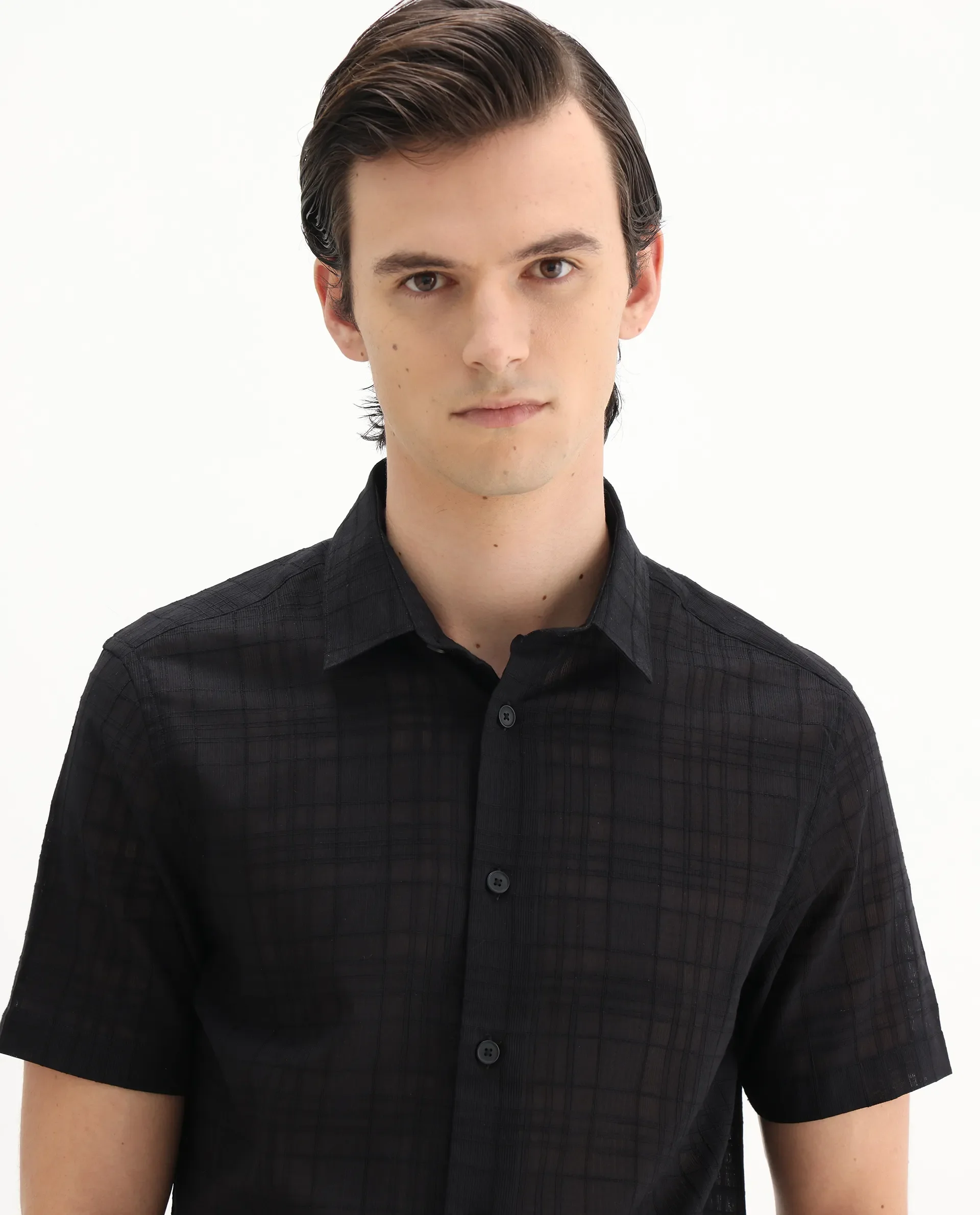 Rare Rabbit Men's Parcor Black Cotton Checked Print Regular Fit Half Sleeve Collared Shirt - Image 8