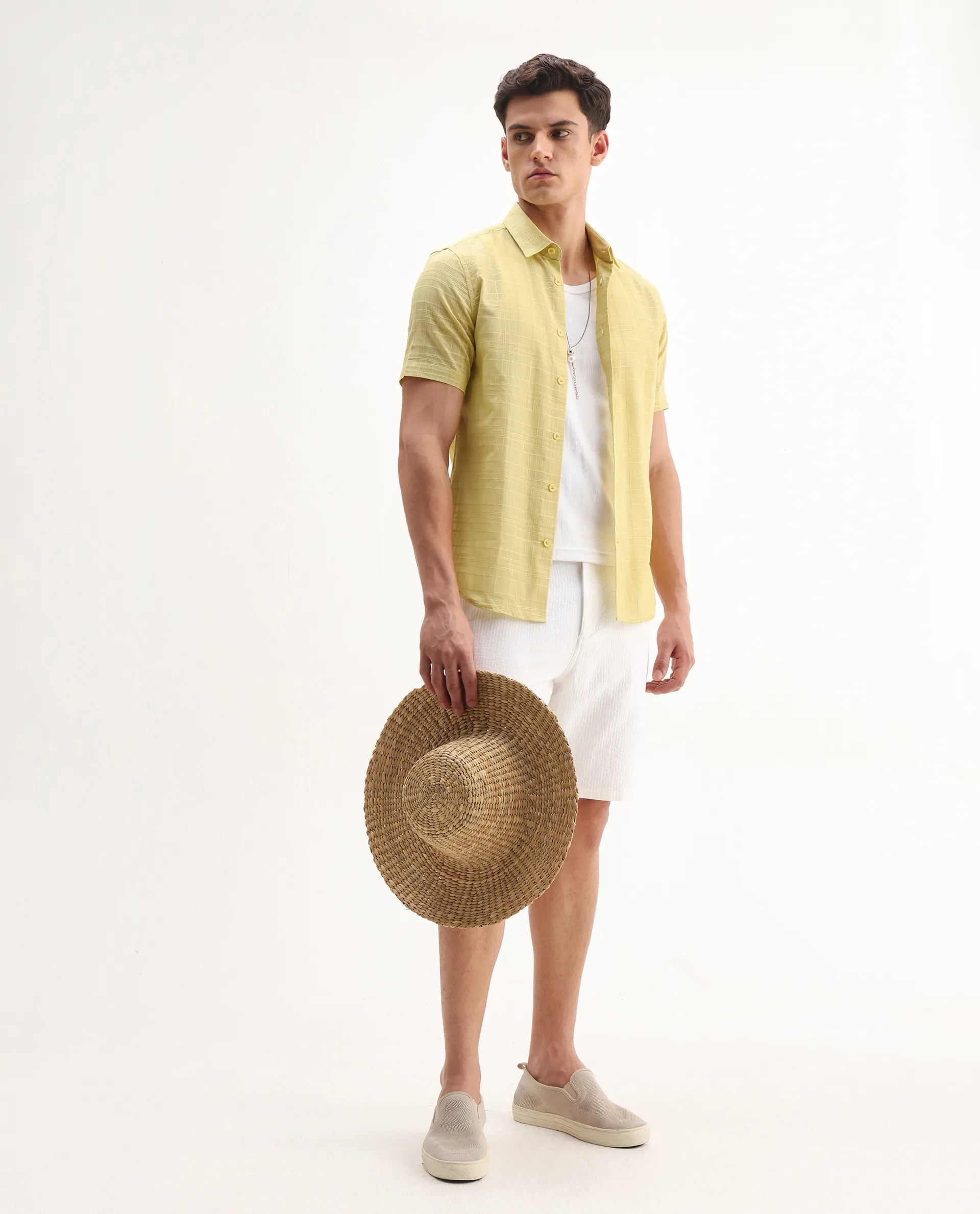 Rare Rabbit Men's Parcor Flouroscent Yellow Cotton Checked Print Regular Fit Half Sleeve Collared Shirt - Image 2