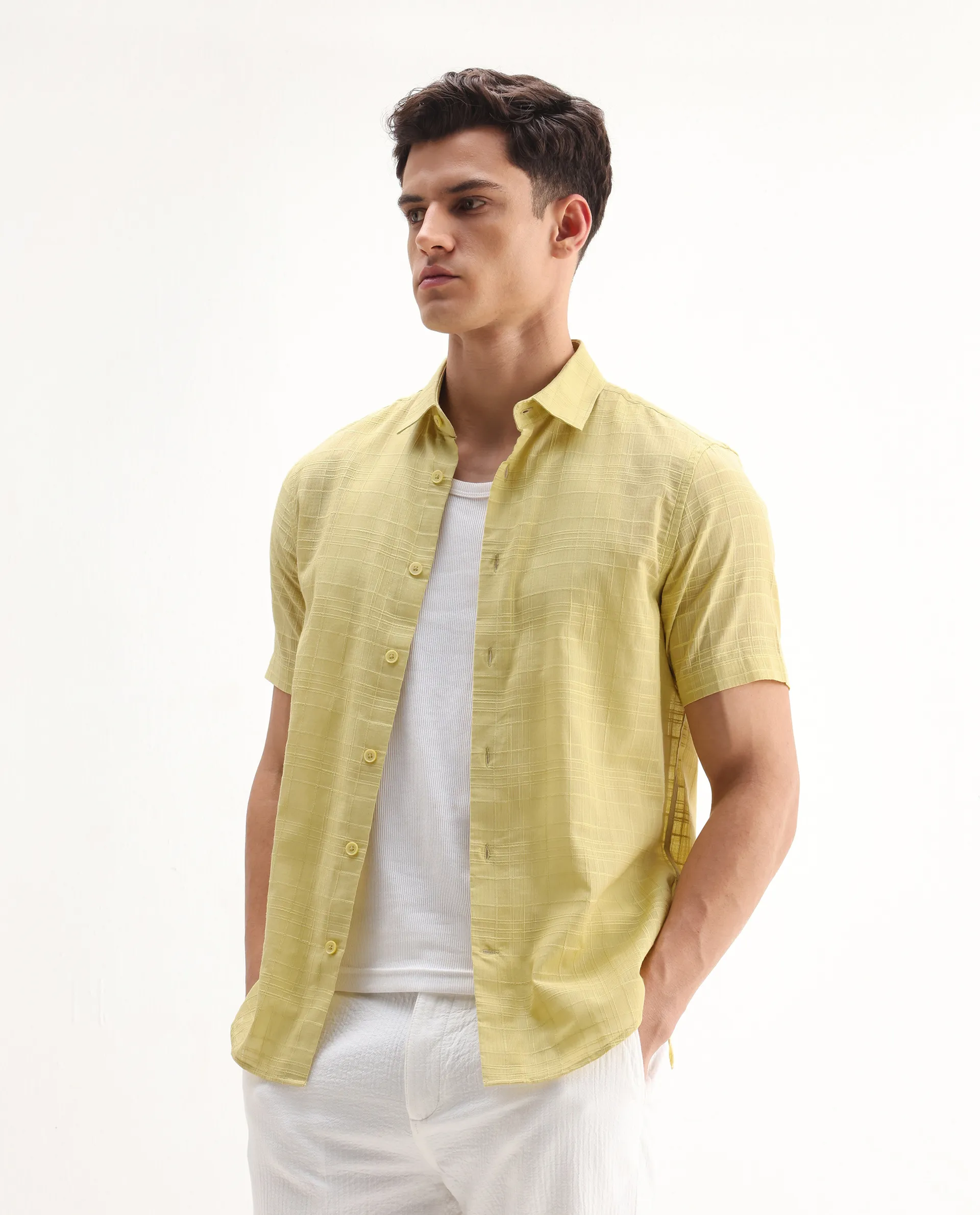 Rare Rabbit Men's Parcor Flouroscent Yellow Cotton Checked Print Regular Fit Half Sleeve Collared Shirt - Image 4
