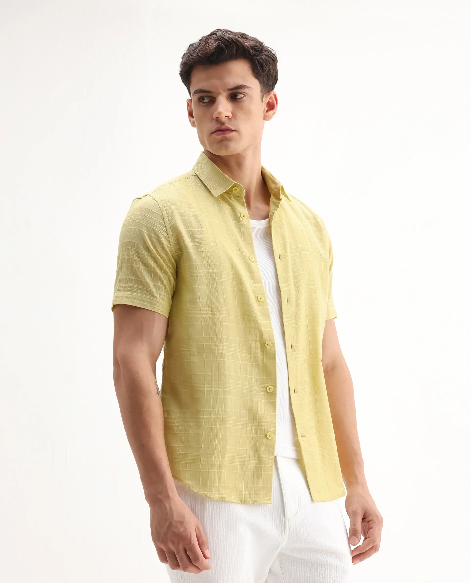 Rare Rabbit Men's Parcor Flouroscent Yellow Cotton Checked Print Regular Fit Half Sleeve Collared Shirt - Image 5