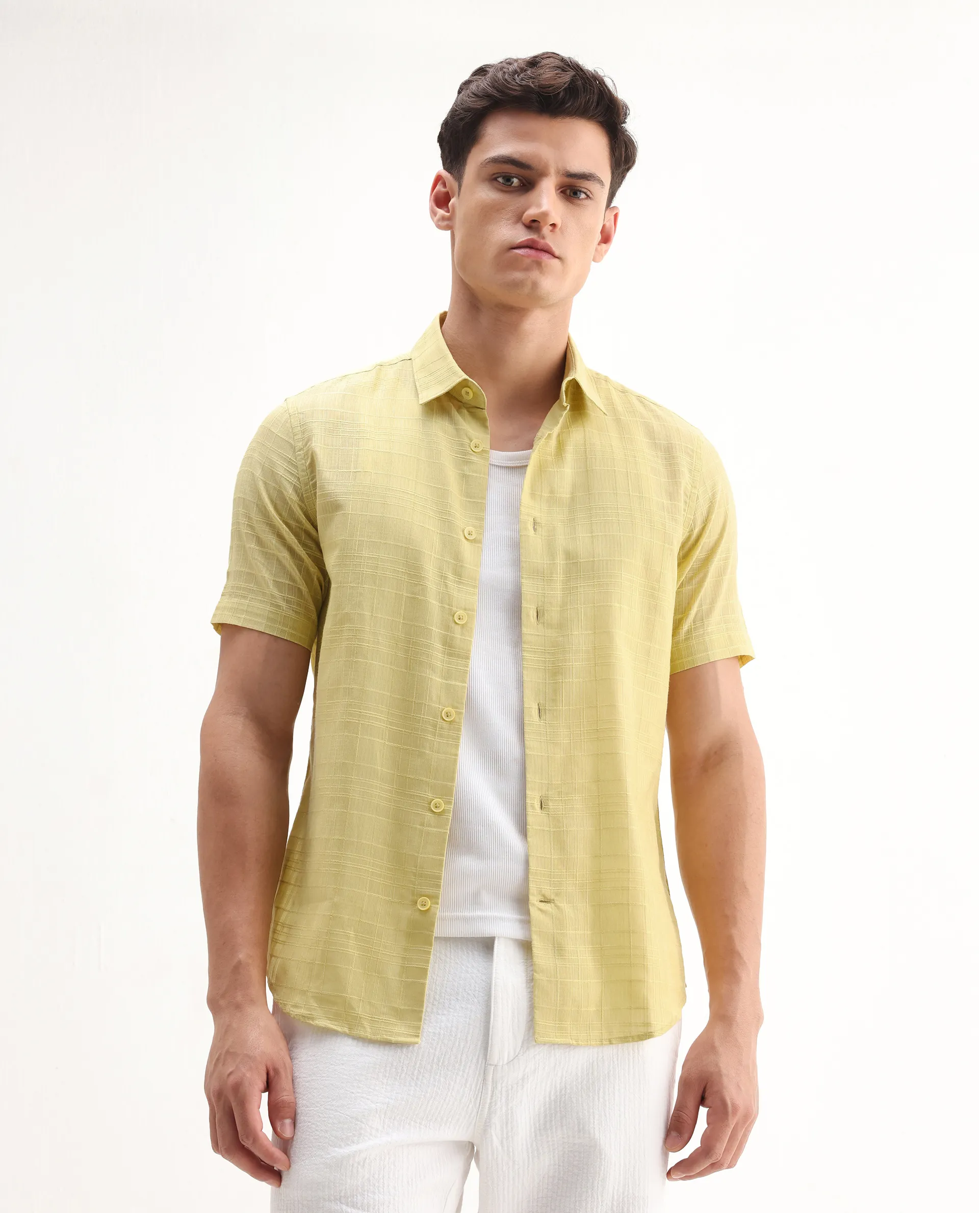 Rare Rabbit Men's Parcor Flouroscent Yellow Cotton Checked Print Regular Fit Half Sleeve Collared Shirt - Image 6