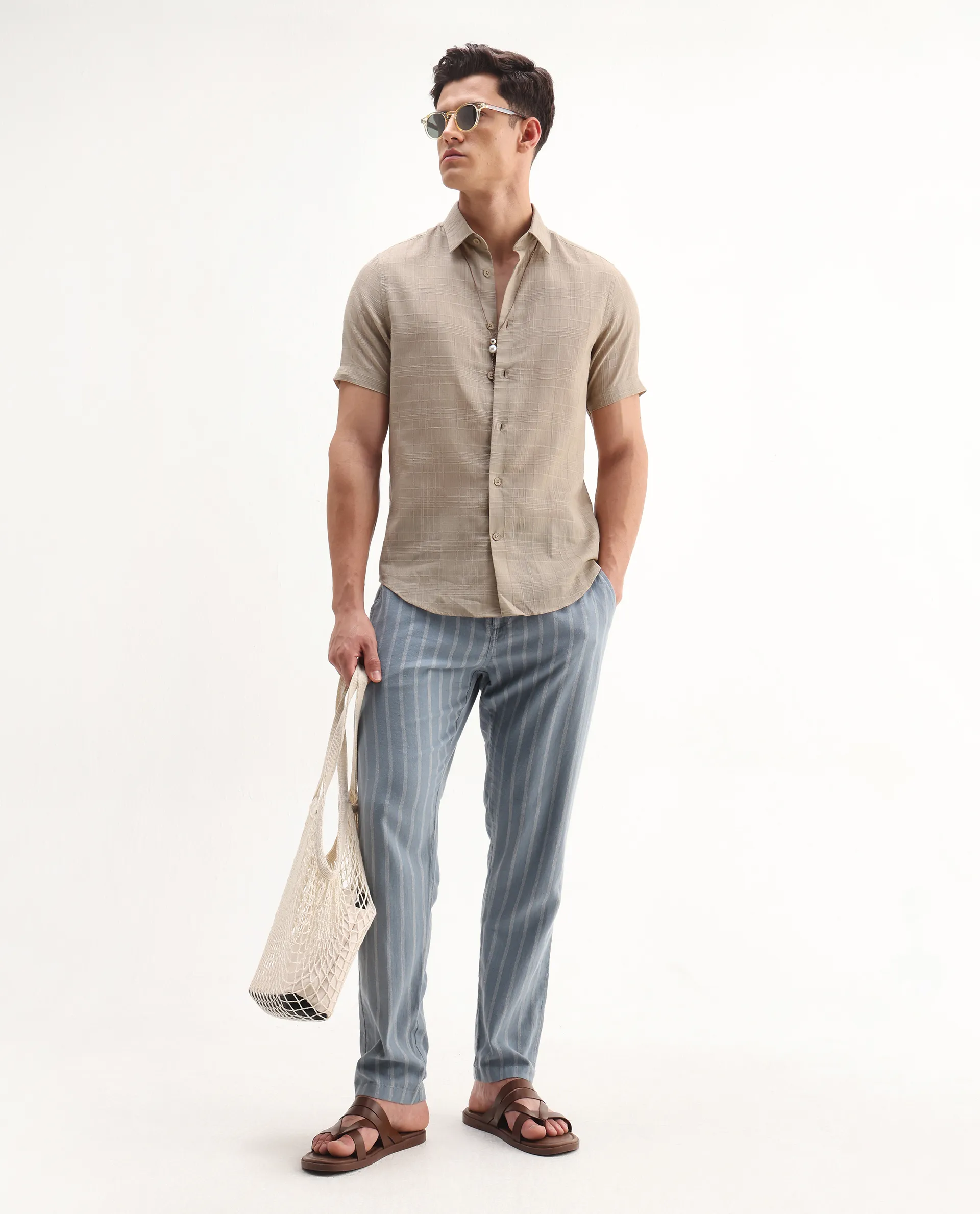 Rare Rabbit Men's Parcor Khaki Cotton Checked Print Regular Fit Half Sleeve Collared Shirt - Image 2
