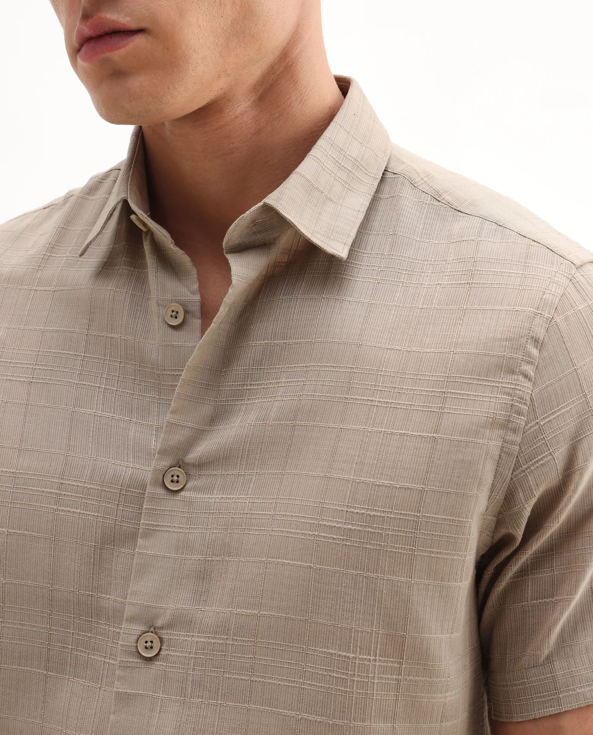 Rare Rabbit Men's Parcor Khaki Cotton Checked Print Regular Fit Half Sleeve Collared Shirt - Image 3