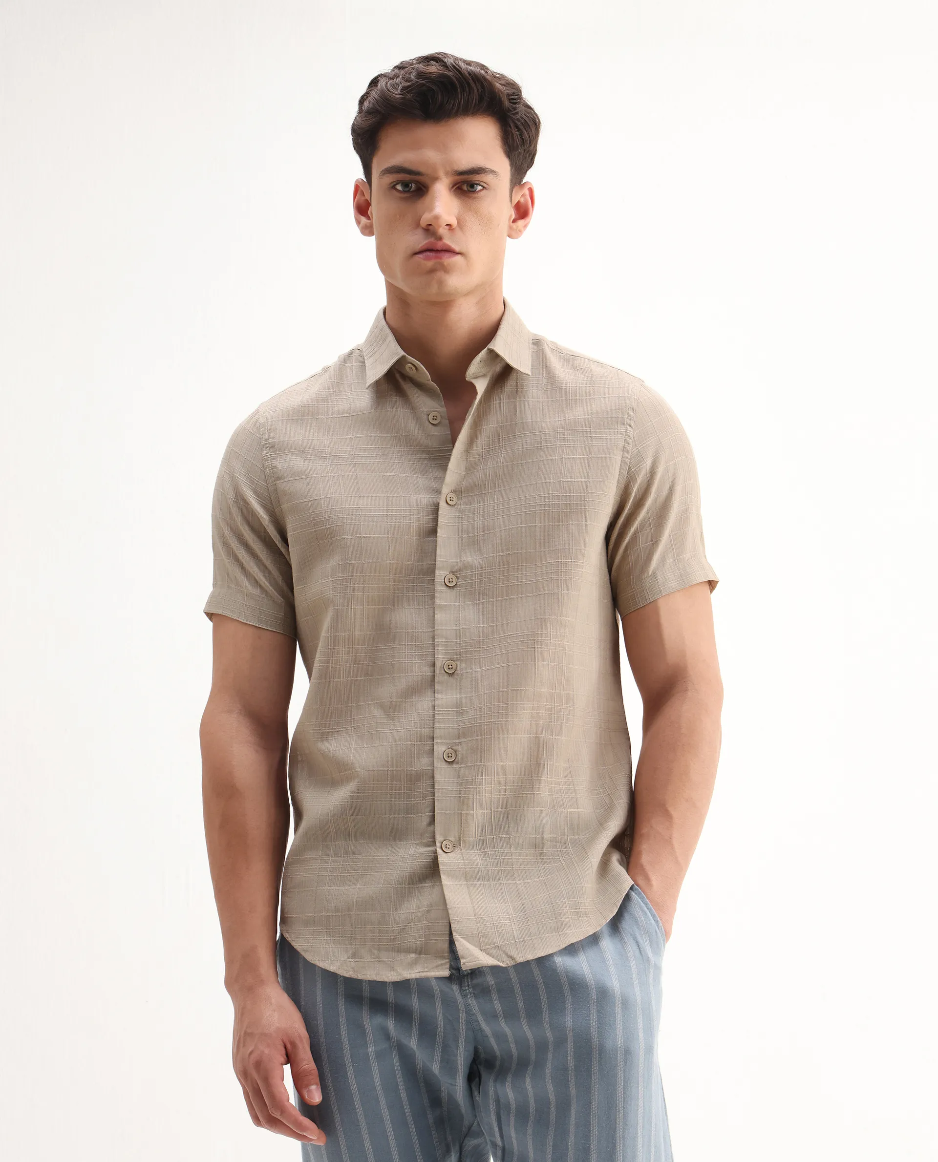 Rare Rabbit Men's Parcor Khaki Cotton Checked Print Regular Fit Half Sleeve Collared Shirt - Image 4