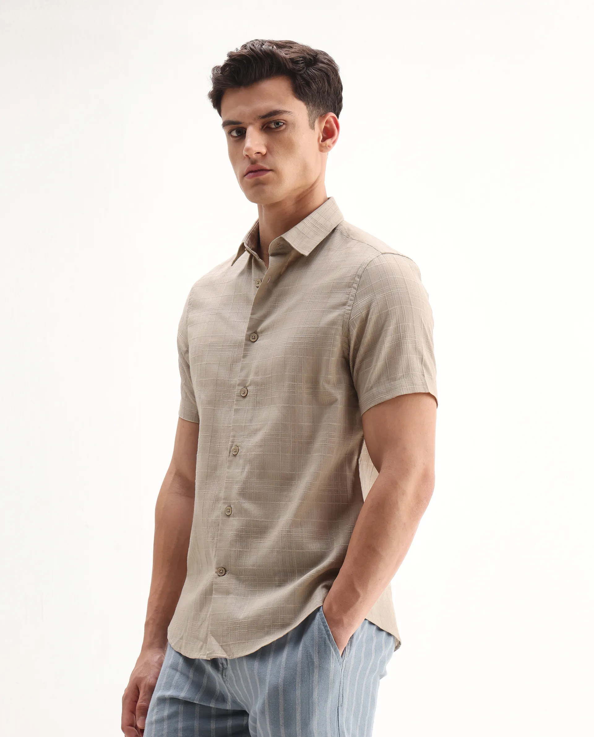 Rare Rabbit Men's Parcor Khaki Cotton Checked Print Regular Fit Half Sleeve Collared Shirt - Image 5