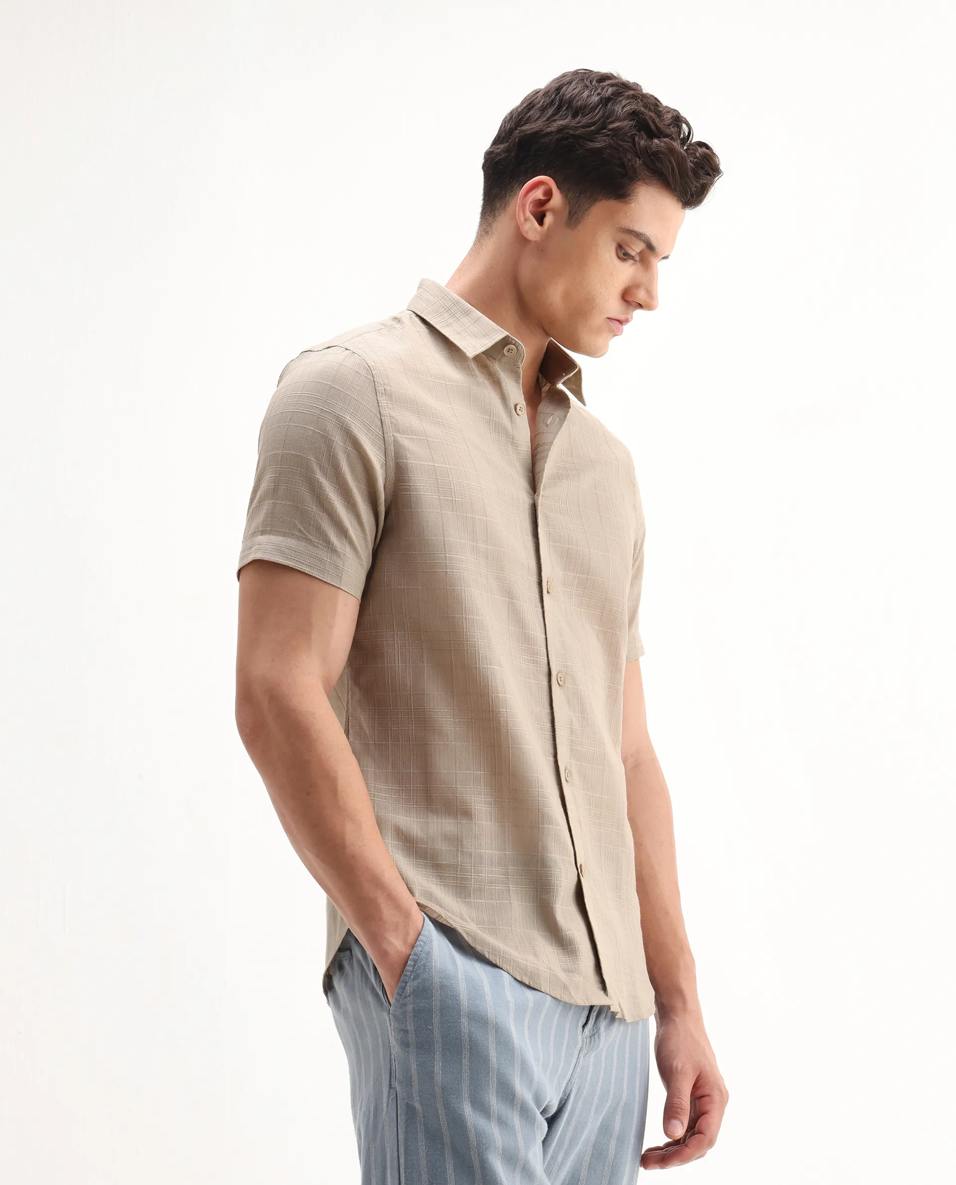 Rare Rabbit Men's Parcor Khaki Cotton Checked Print Regular Fit Half Sleeve Collared Shirt - Image 6