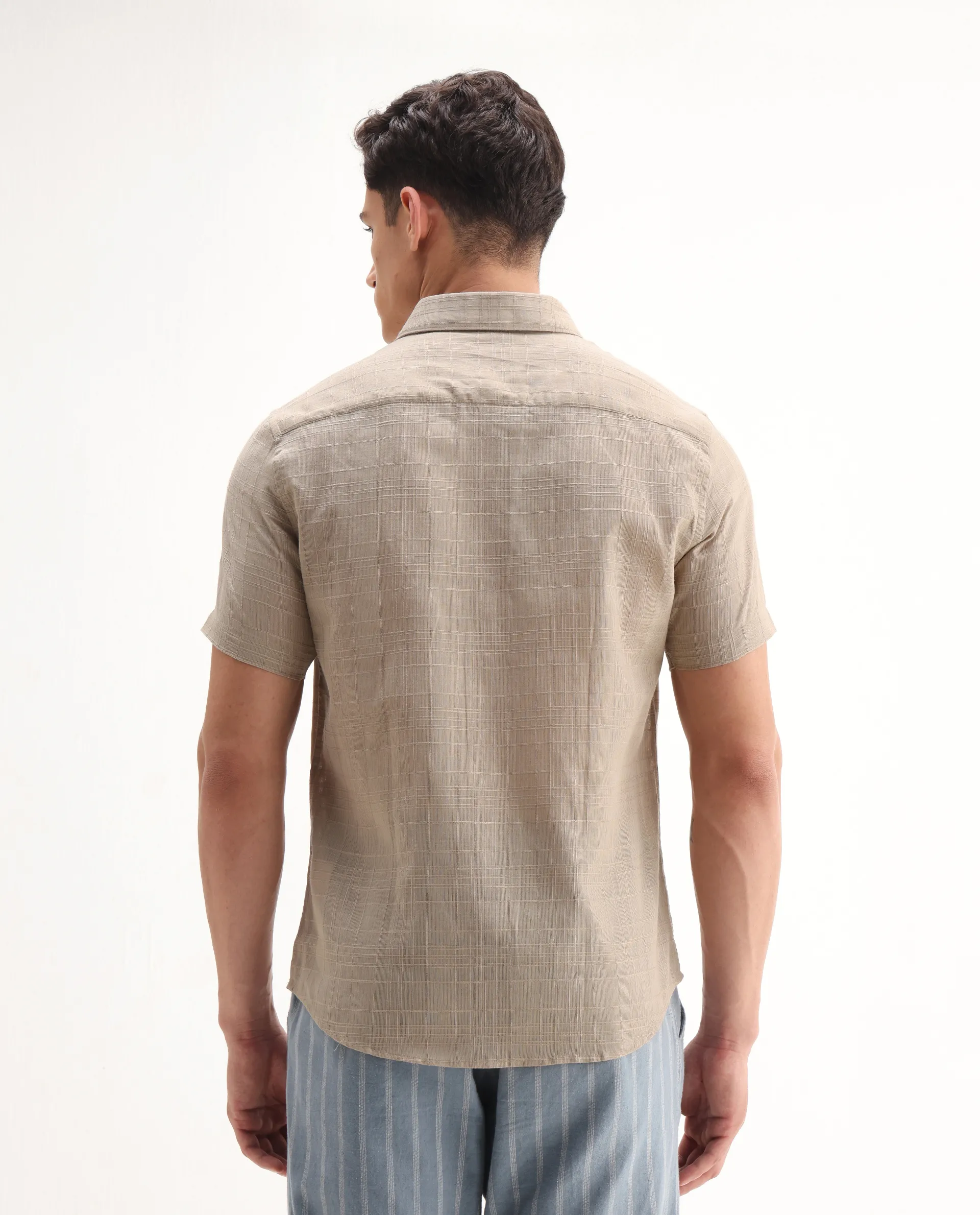 Rare Rabbit Men's Parcor Khaki Cotton Checked Print Regular Fit Half Sleeve Collared Shirt - Image 7