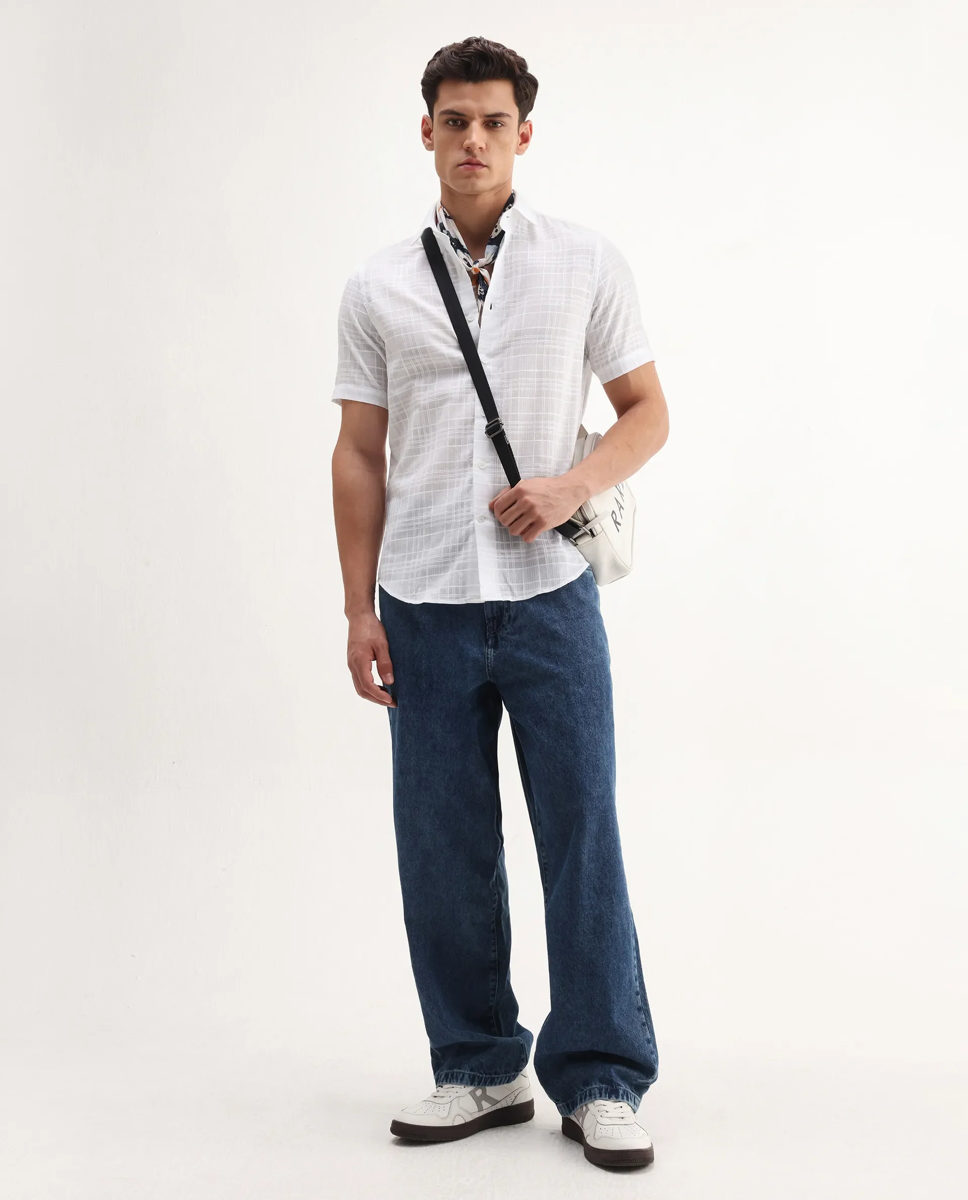 Rare Rabbit Men's Parcor White Cotton Checked Print Regular Fit Half Sleeve Collared Shirt - Image 2