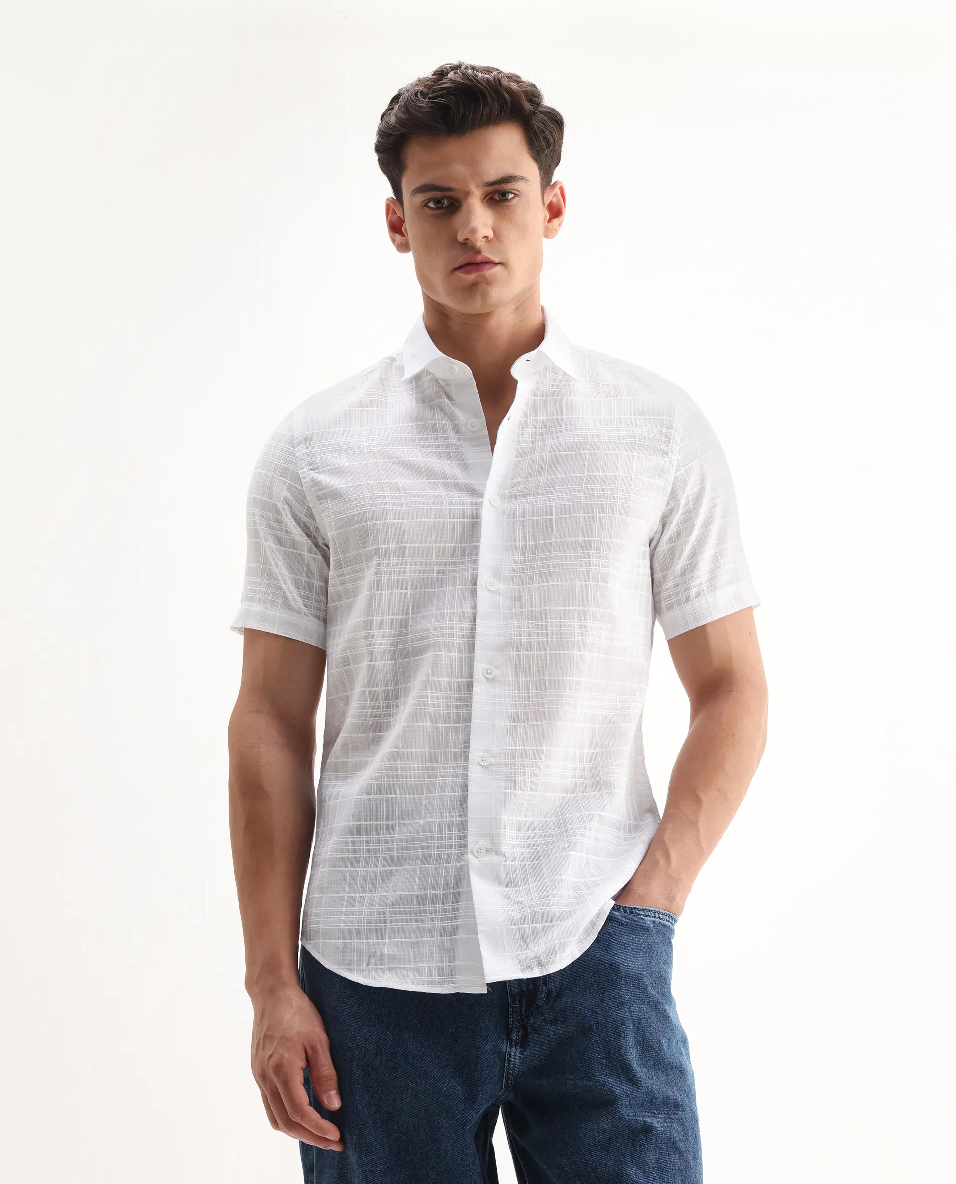 Rare Rabbit Men's Parcor White Cotton Checked Print Regular Fit Half Sleeve Collared Shirt - Image 4