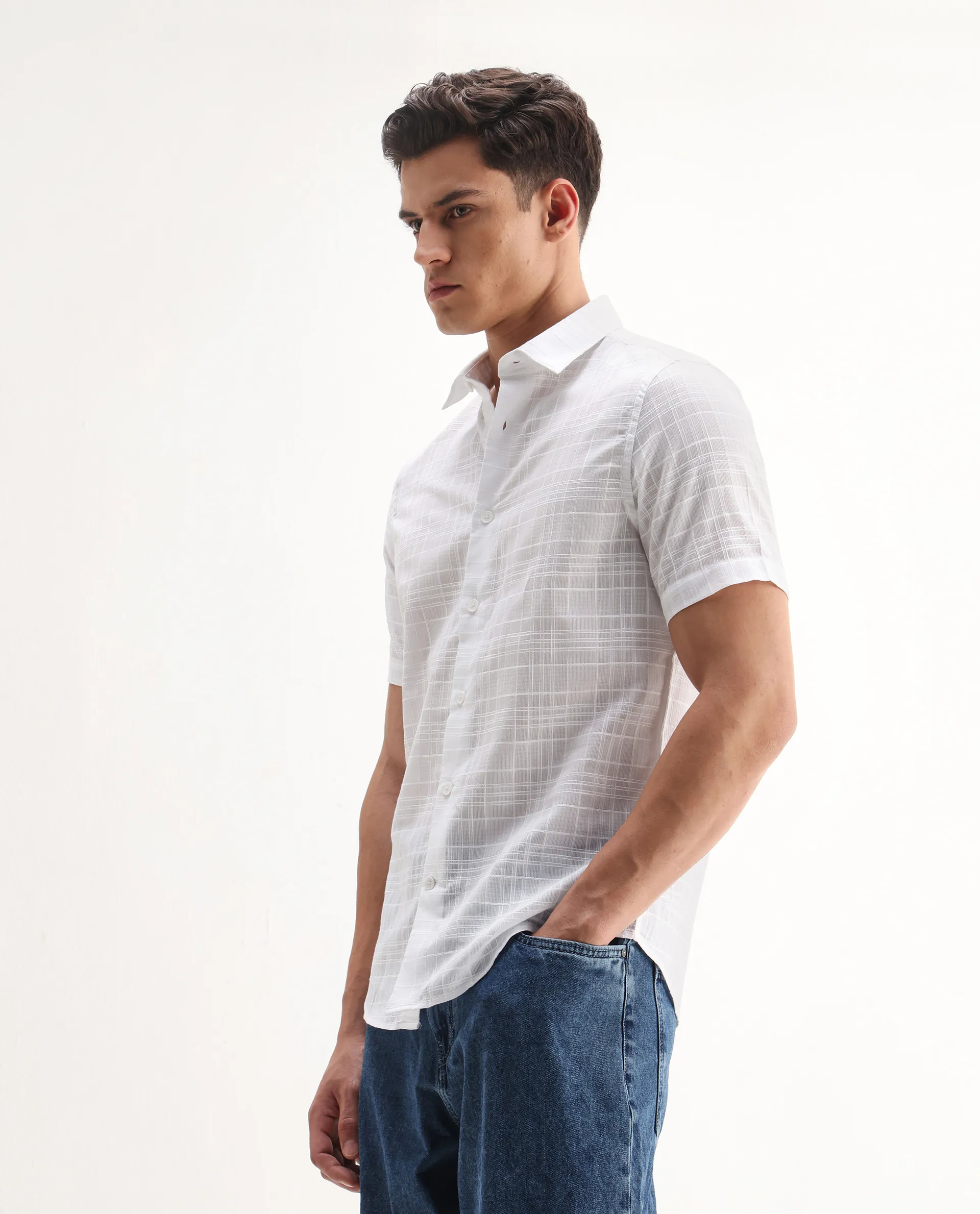 Rare Rabbit Men's Parcor White Cotton Checked Print Regular Fit Half Sleeve Collared Shirt - Image 5