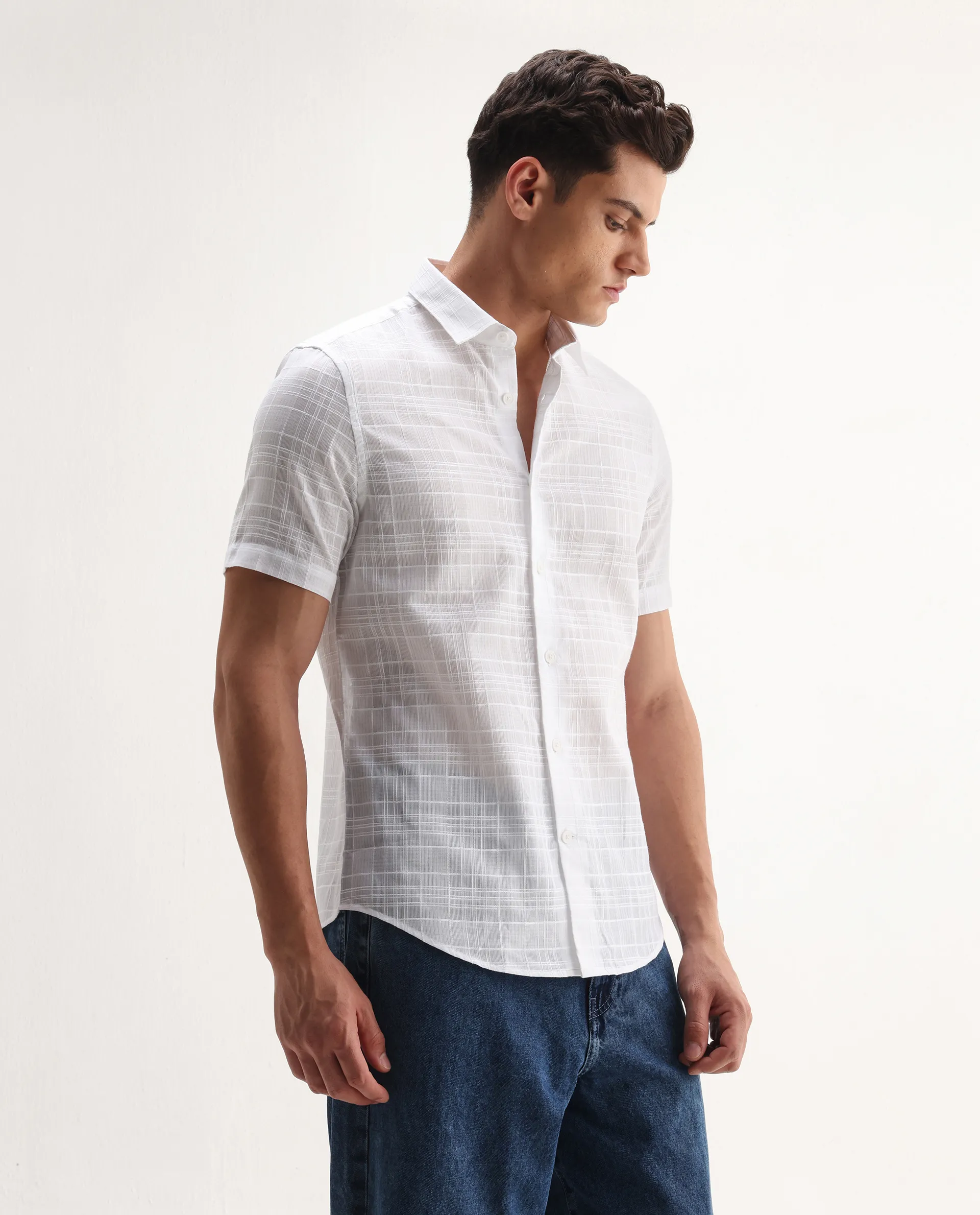 Rare Rabbit Men's Parcor White Cotton Checked Print Regular Fit Half Sleeve Collared Shirt - Image 6
