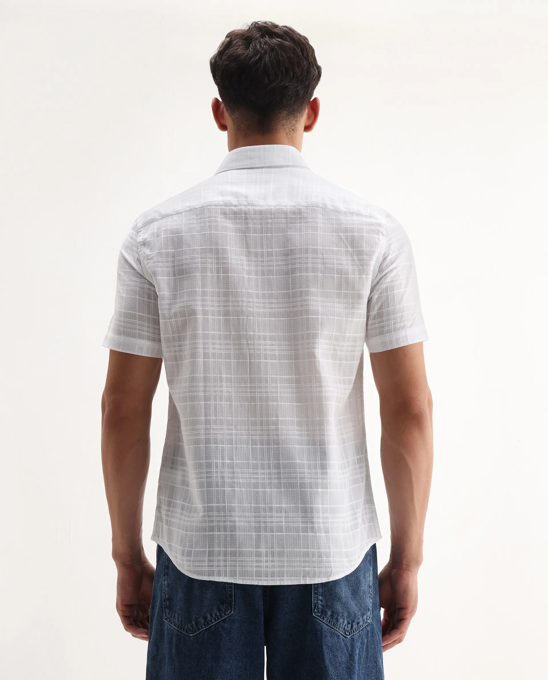 Rare Rabbit Men's Parcor White Cotton Checked Print Regular Fit Half Sleeve Collared Shirt - Image 7