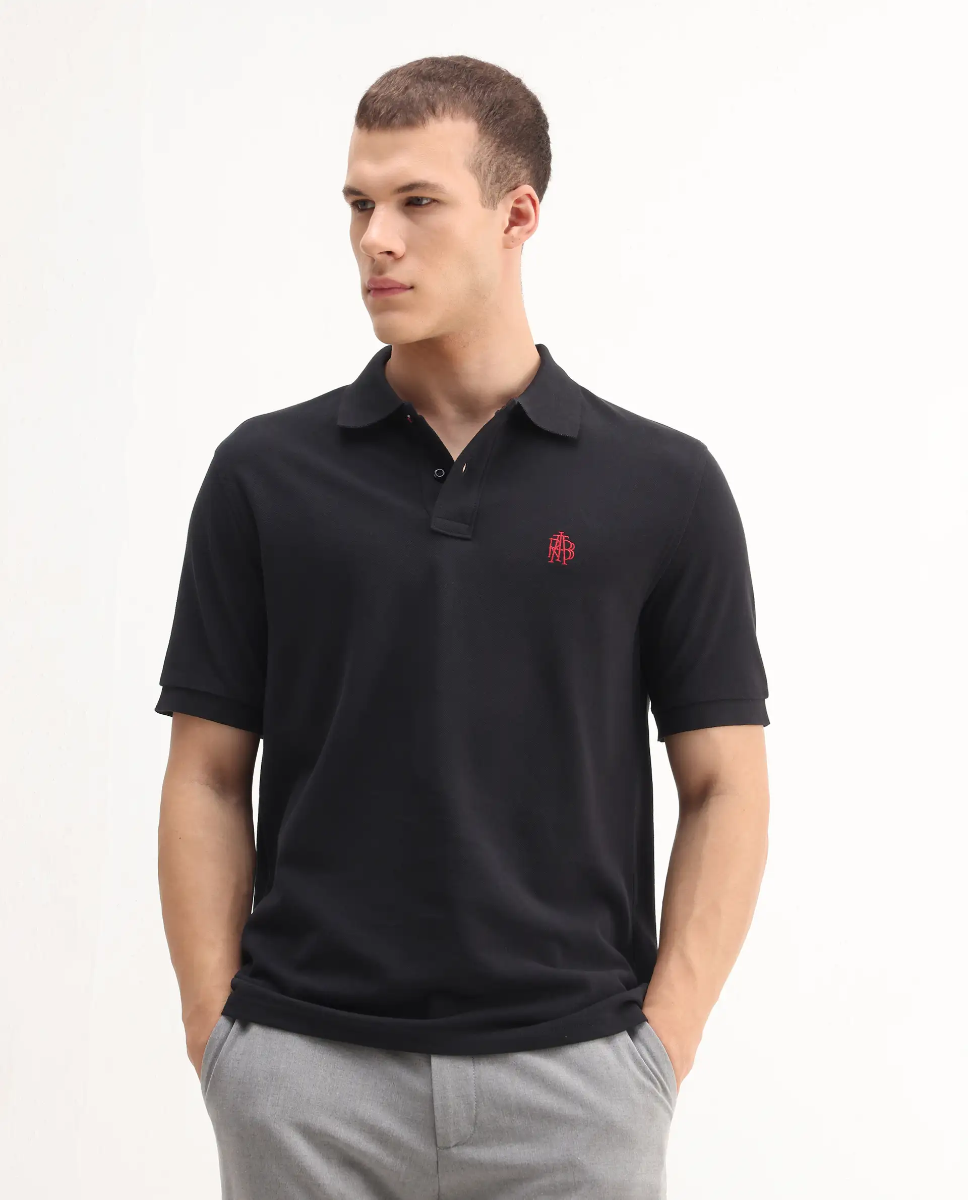Rare Rabbit Men's Pare-1 Black Cotton Plain Regular Fit Half Sleeve Polo - Image 3