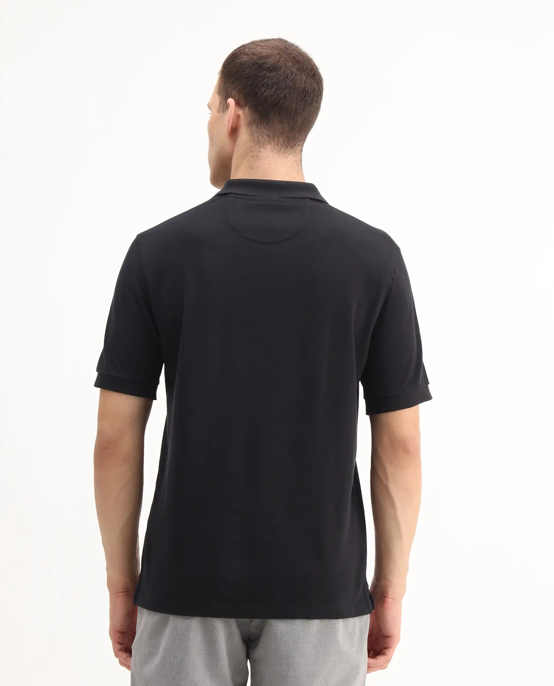 Rare Rabbit Men's Pare-1 Black Cotton Plain Regular Fit Half Sleeve Polo - Image 5
