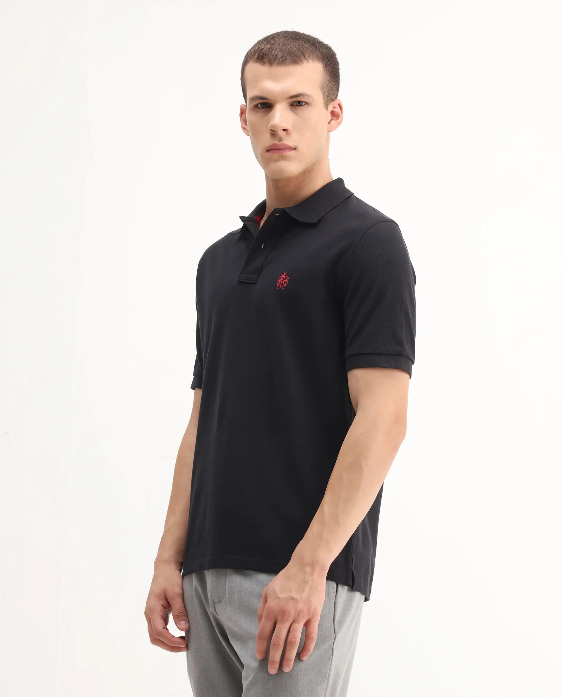 Rare Rabbit Men's Pare-1 Black Cotton Plain Regular Fit Half Sleeve Polo - Image 6