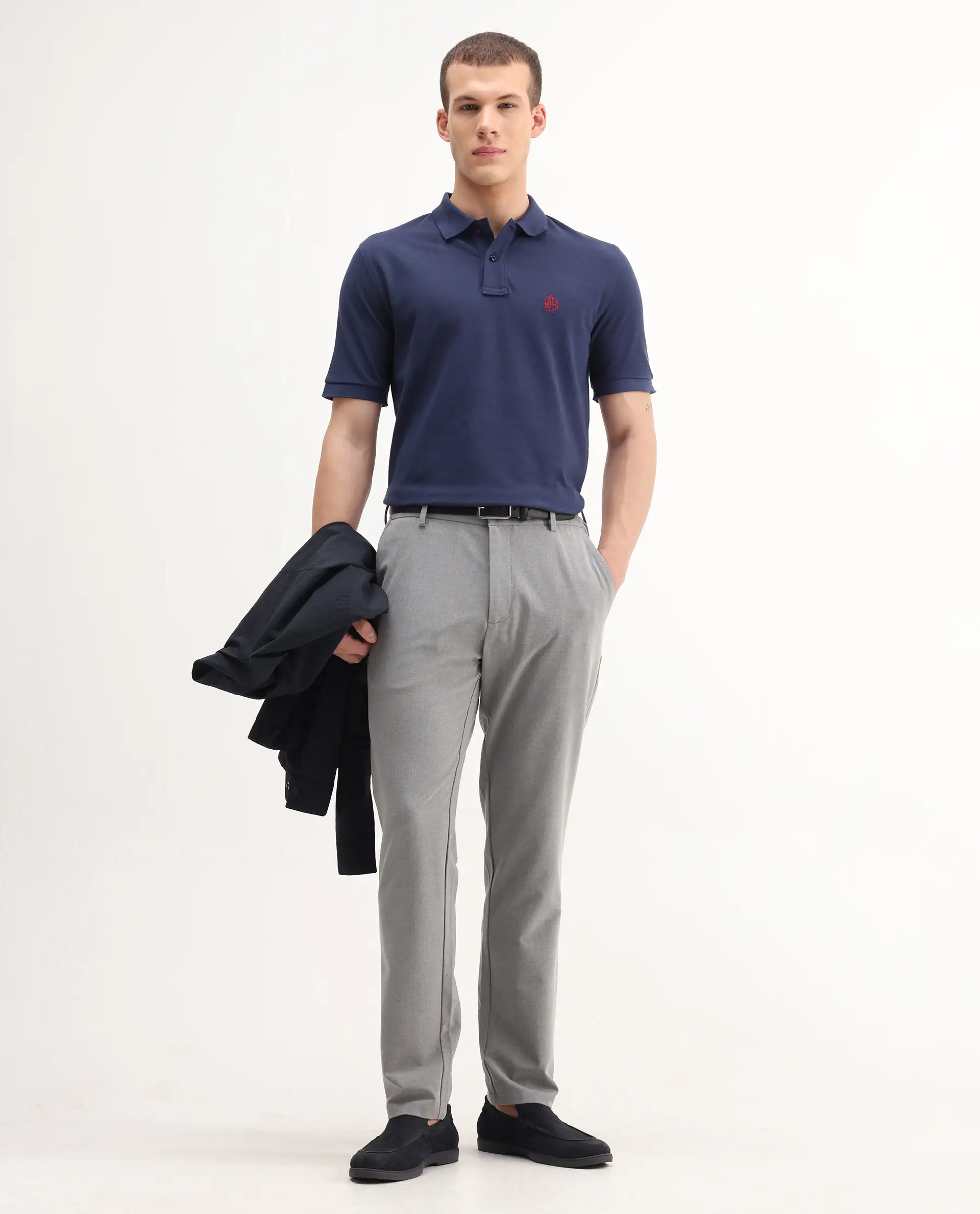 Rare Rabbit Men's Pare-1 Dark Blue Cotton Plain Regular Fit Half Sleeve Polo - Image 2