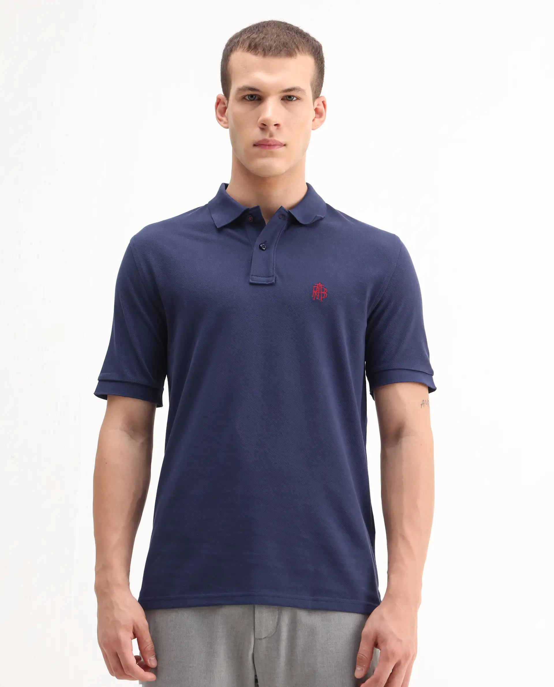 Rare Rabbit Men's Pare-1 Dark Blue Cotton Plain Regular Fit Half Sleeve Polo - Image 3