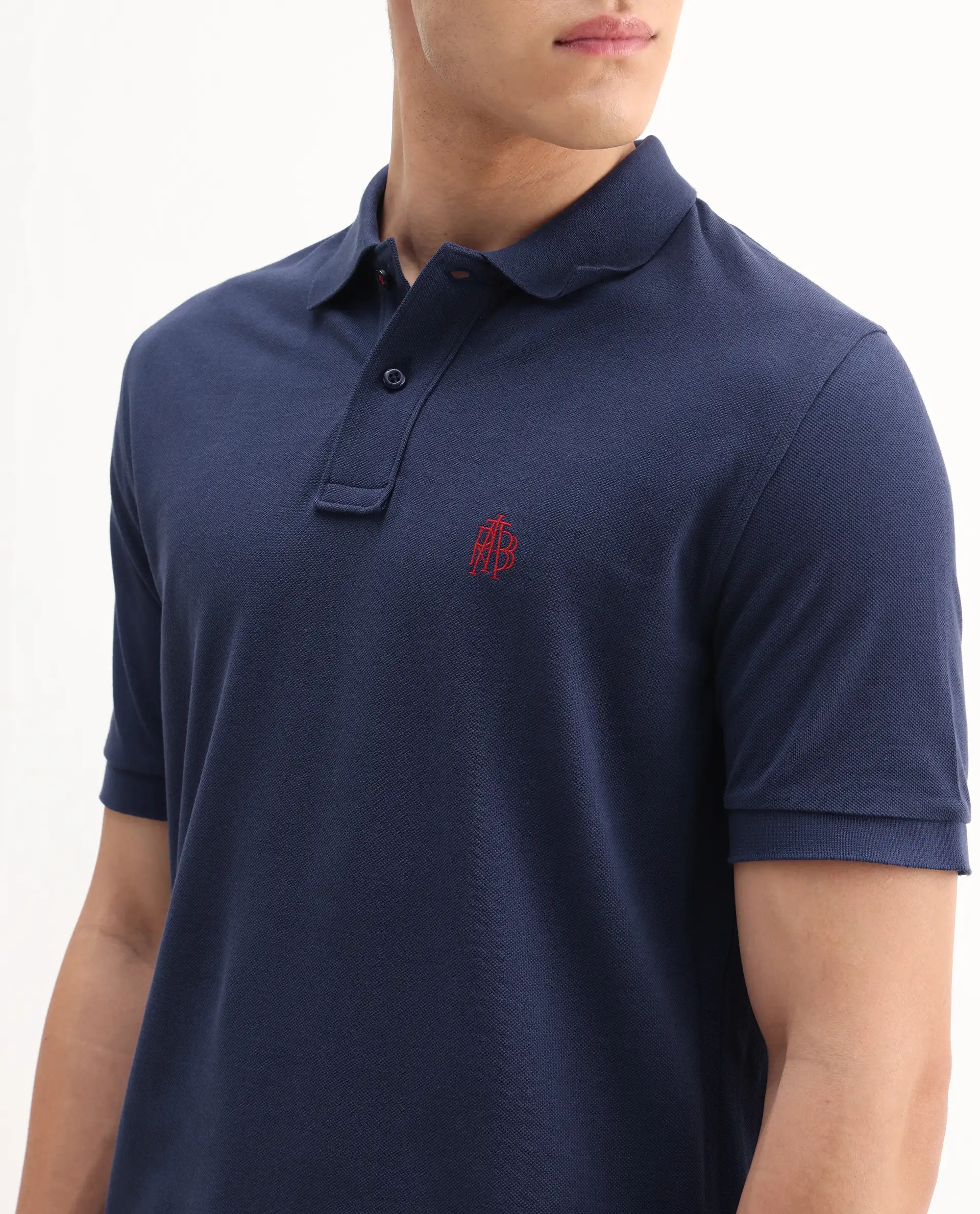 Rare Rabbit Men's Pare-1 Dark Blue Cotton Plain Regular Fit Half Sleeve Polo - Image 4