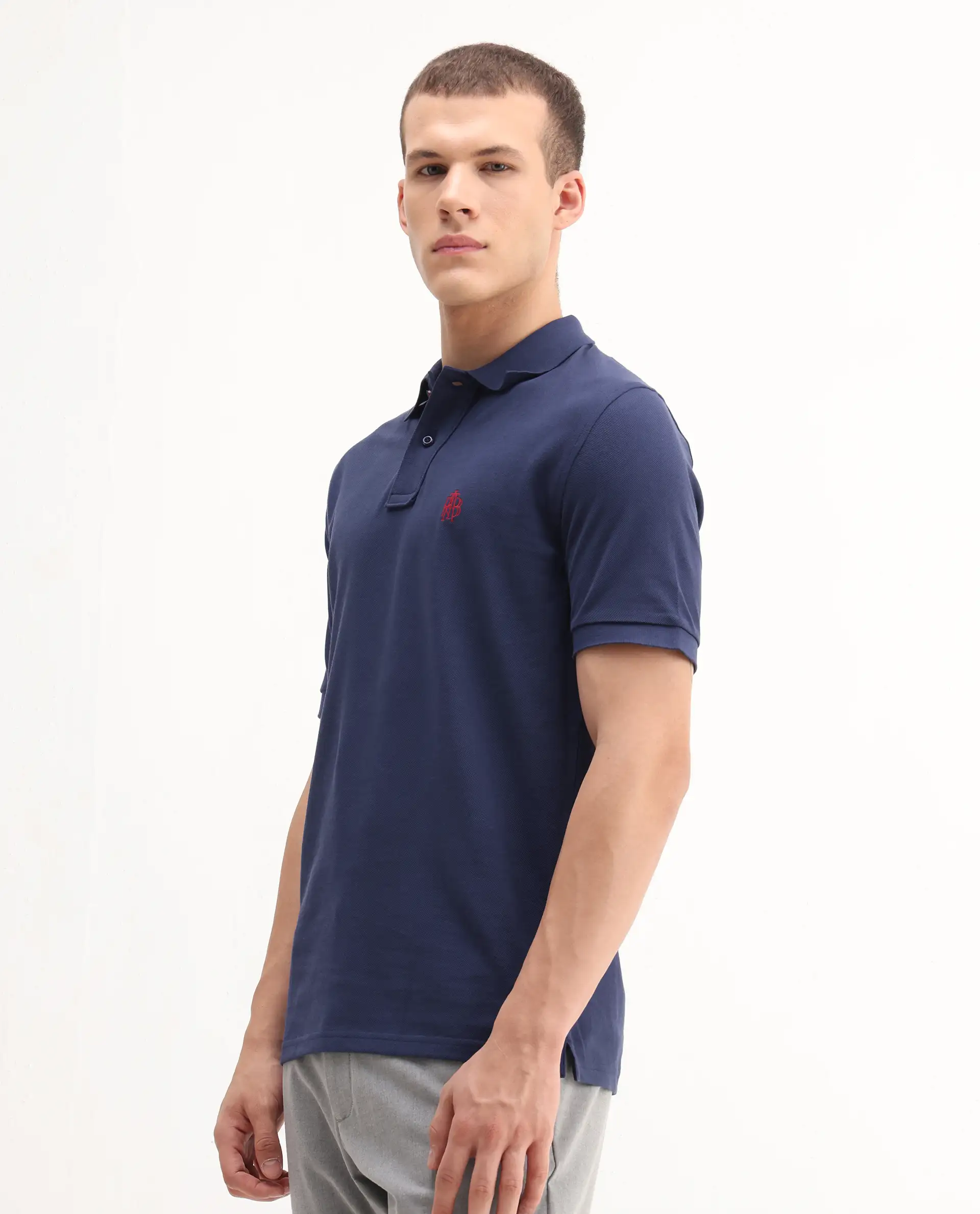 Rare Rabbit Men's Pare-1 Dark Blue Cotton Plain Regular Fit Half Sleeve Polo - Image 6