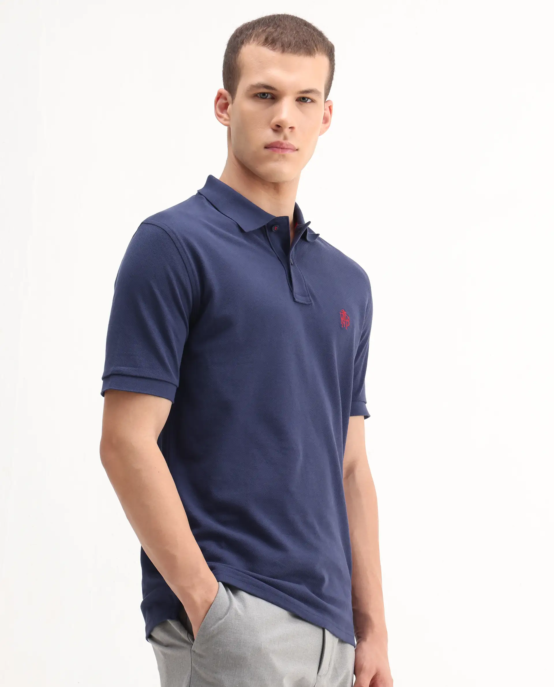 Rare Rabbit Men's Pare-1 Dark Blue Cotton Plain Regular Fit Half Sleeve Polo - Image 7