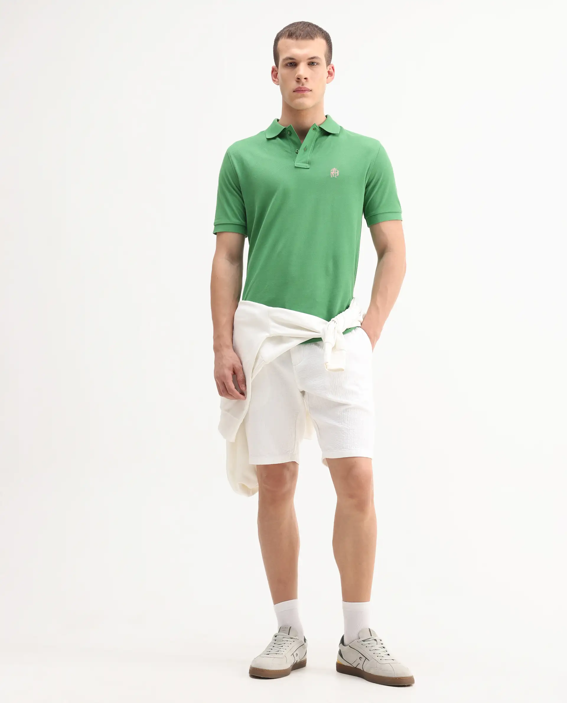 Rare Rabbit Men's Pare-1 Green Cotton Plain Regular Fit Half Sleeve Polo - Image 2