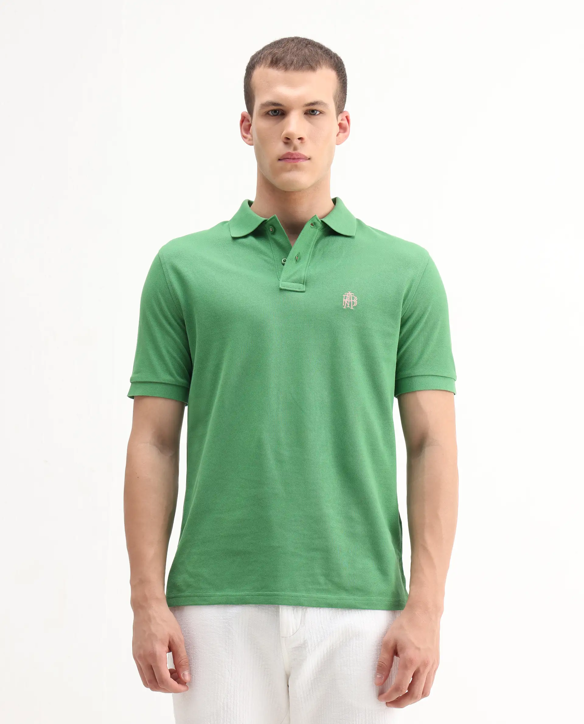 Rare Rabbit Men's Pare-1 Green Cotton Plain Regular Fit Half Sleeve Polo - Image 4
