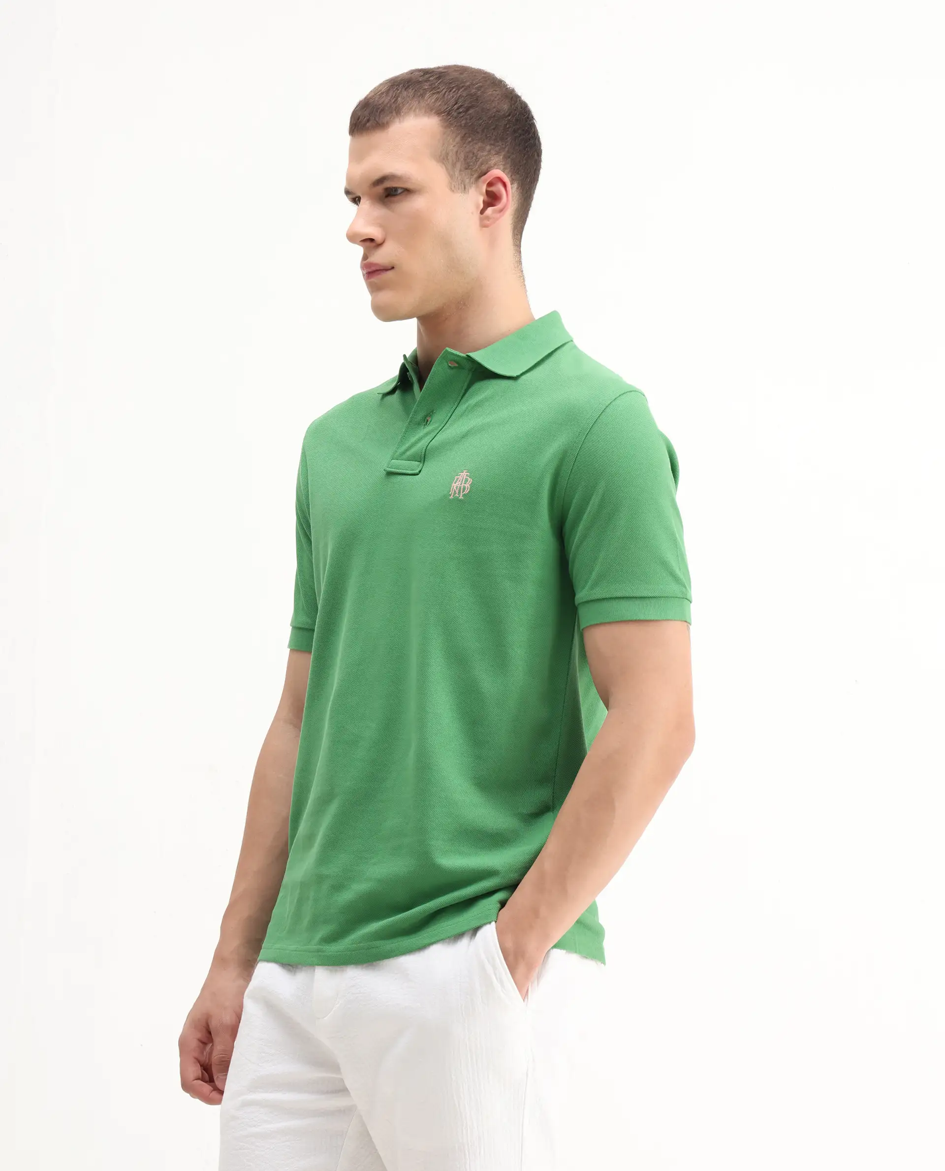 Rare Rabbit Men's Pare-1 Green Cotton Plain Regular Fit Half Sleeve Polo - Image 5