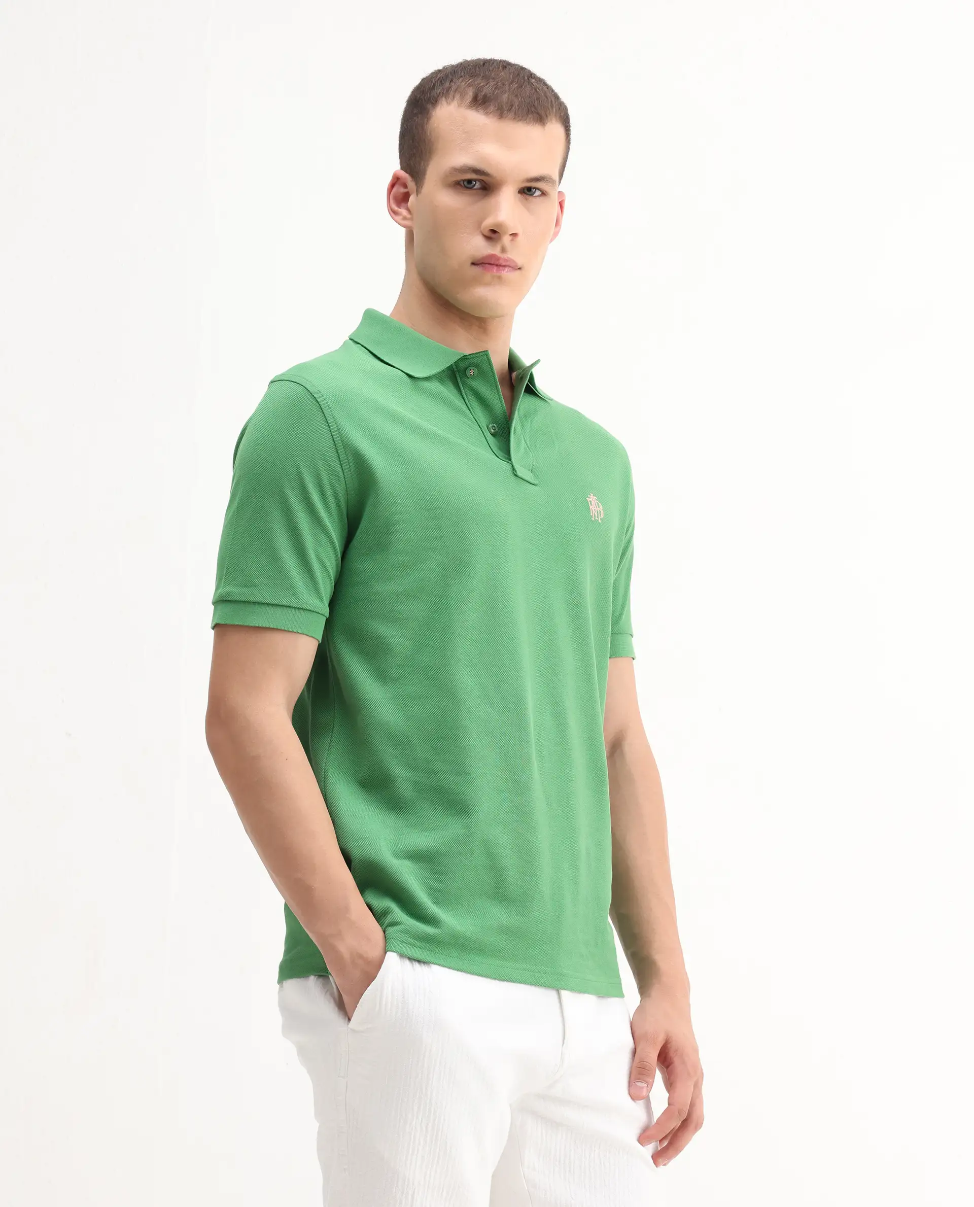 Rare Rabbit Men's Pare-1 Green Cotton Plain Regular Fit Half Sleeve Polo - Image 6