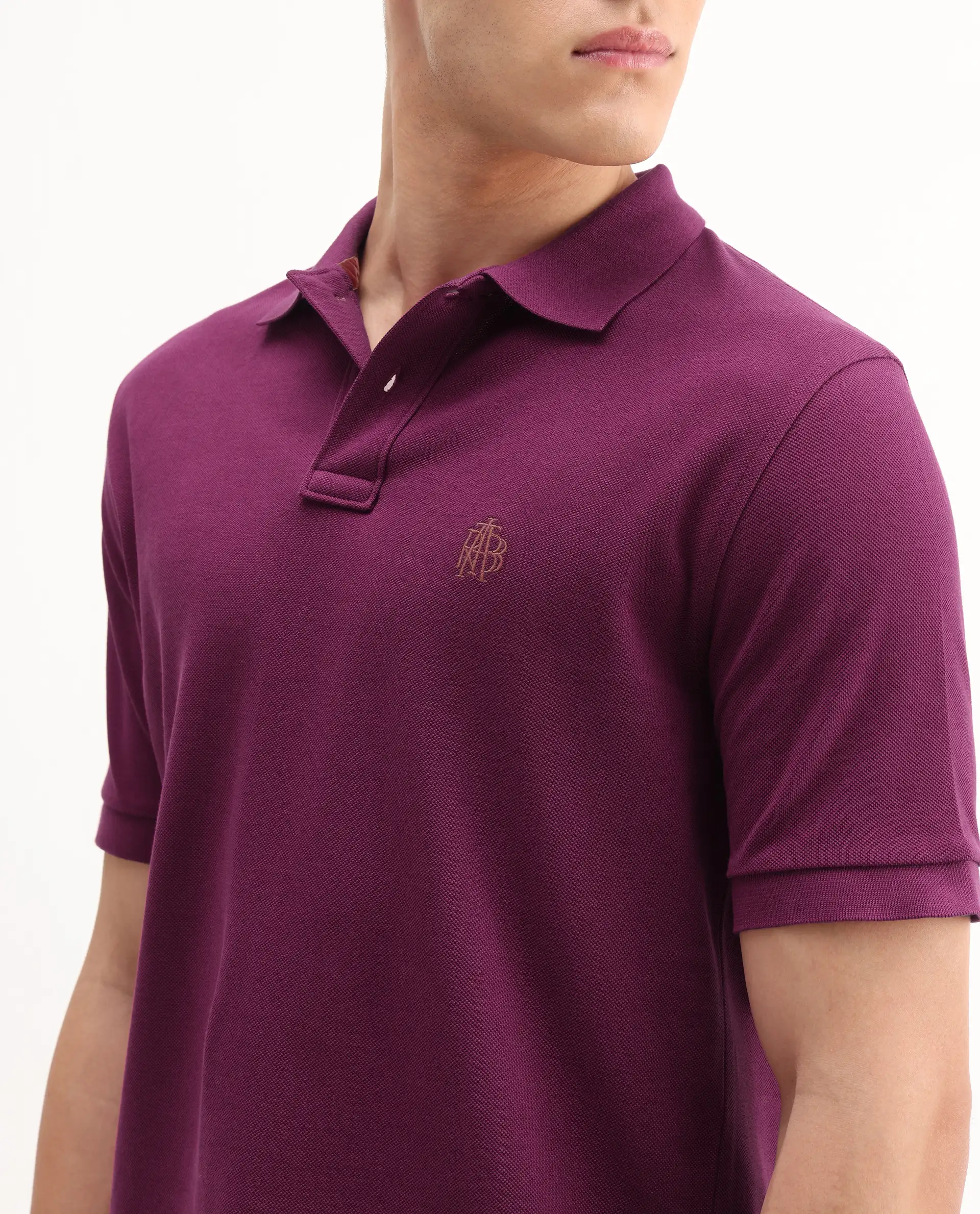 Rare Rabbit Men's Pare-1 Dark Purple Cotton Plain Regular Fit Half Sleeve Polo - Image 4