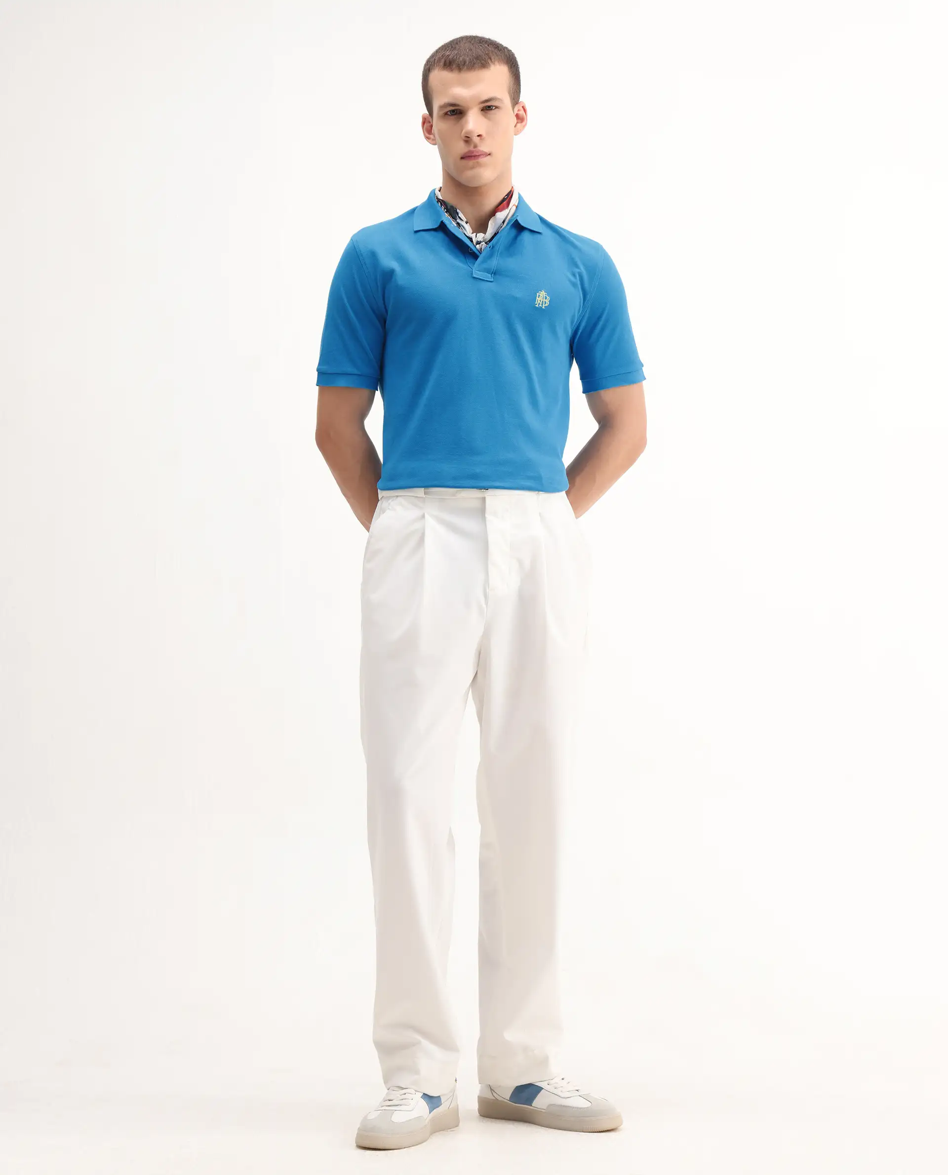 Rare Rabbit Men's Pare-1 Flouroscent Blue Cotton Plain Regular Fit Half Sleeve Polo - Image 2