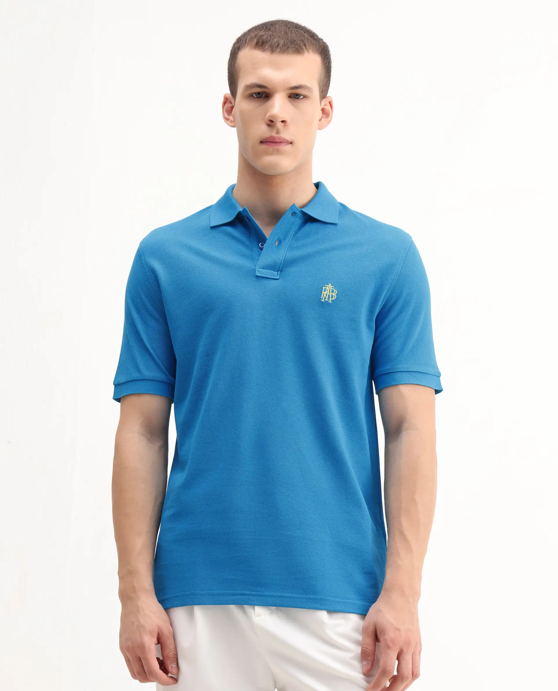 Rare Rabbit Men's Pare-1 Flouroscent Blue Cotton Plain Regular Fit Half Sleeve Polo - Image 3