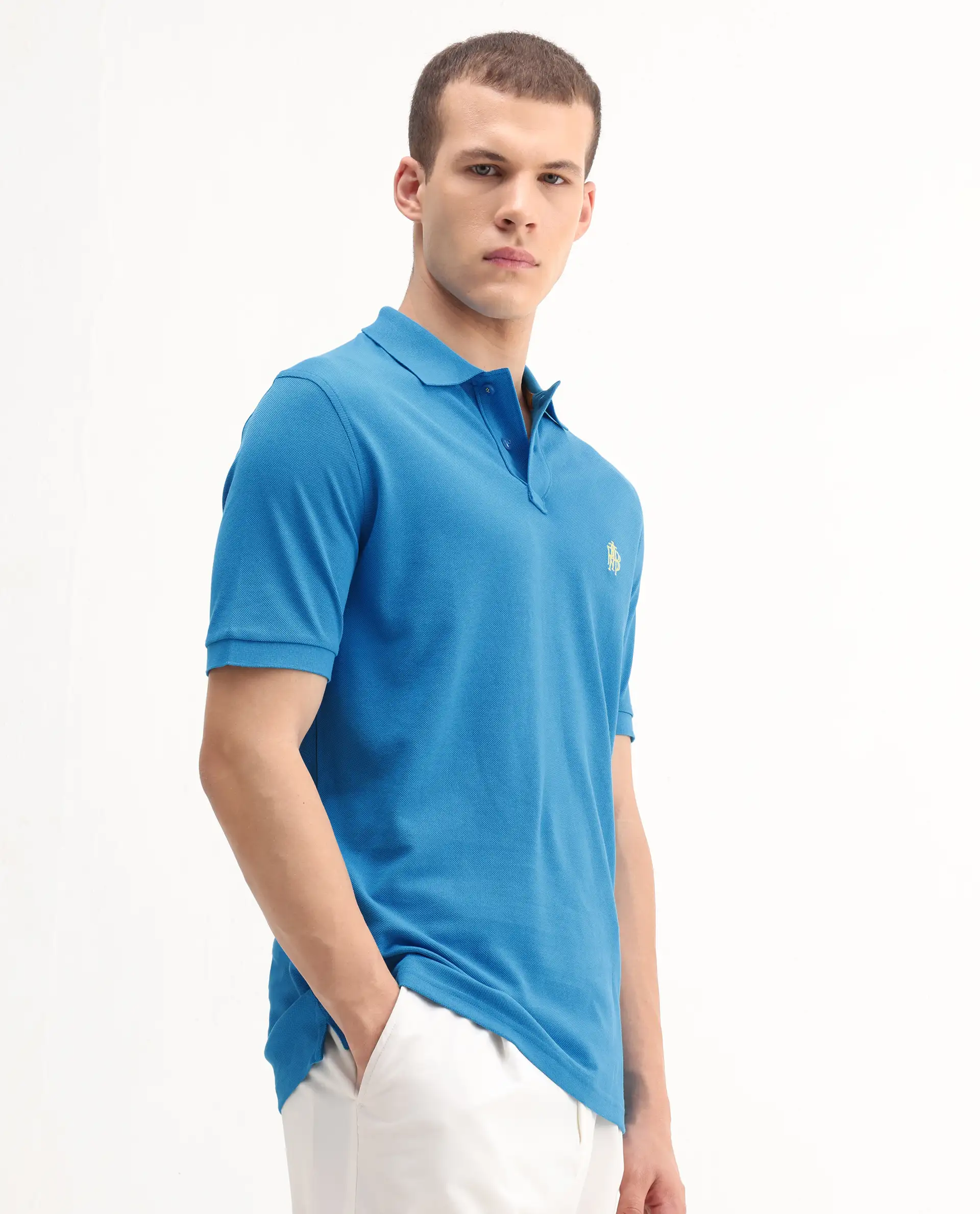 Rare Rabbit Men's Pare-1 Flouroscent Blue Cotton Plain Regular Fit Half Sleeve Polo - Image 7