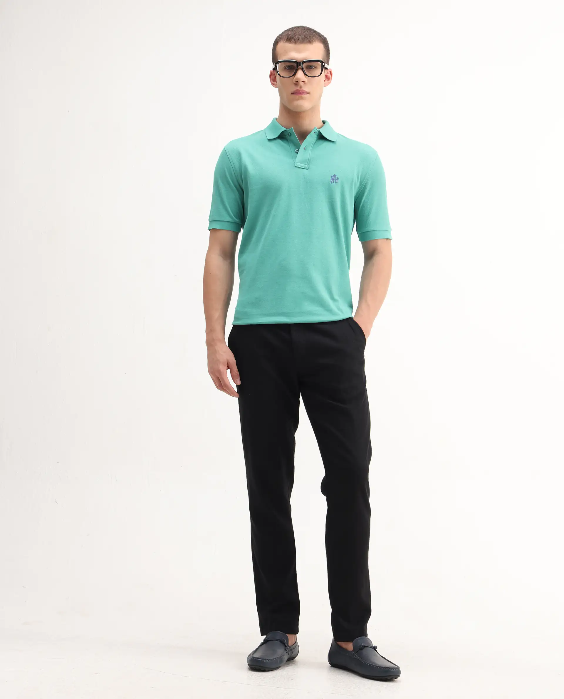 Rare Rabbit Men's Pare-1 Turq Cotton Plain Regular Fit Half Sleeve Polo - Image 2