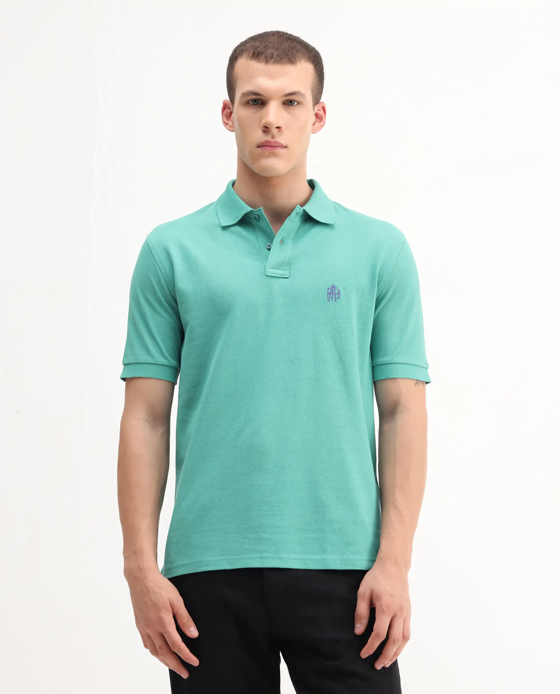 Rare Rabbit Men's Pare-1 Turq Cotton Plain Regular Fit Half Sleeve Polo - Image 3
