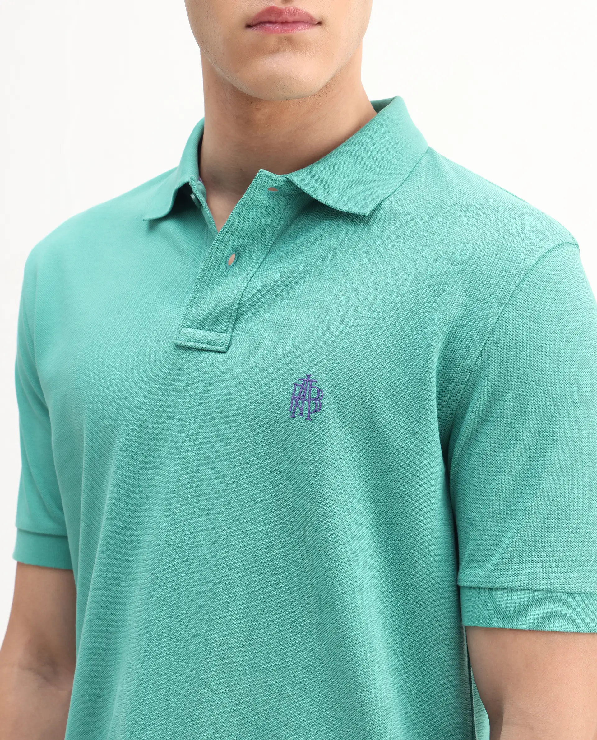 Rare Rabbit Men's Pare-1 Turq Cotton Plain Regular Fit Half Sleeve Polo - Image 4