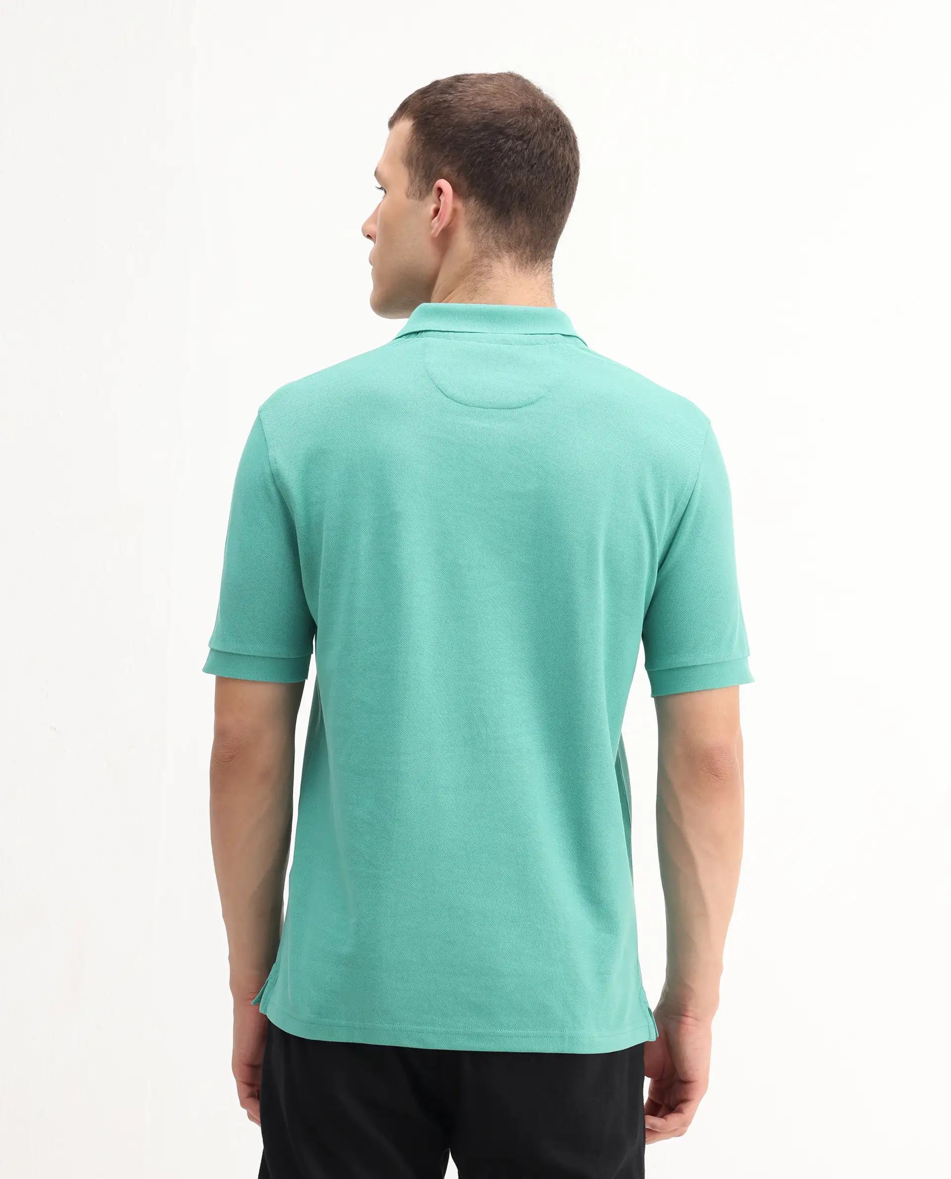 Rare Rabbit Men's Pare-1 Turq Cotton Plain Regular Fit Half Sleeve Polo - Image 5