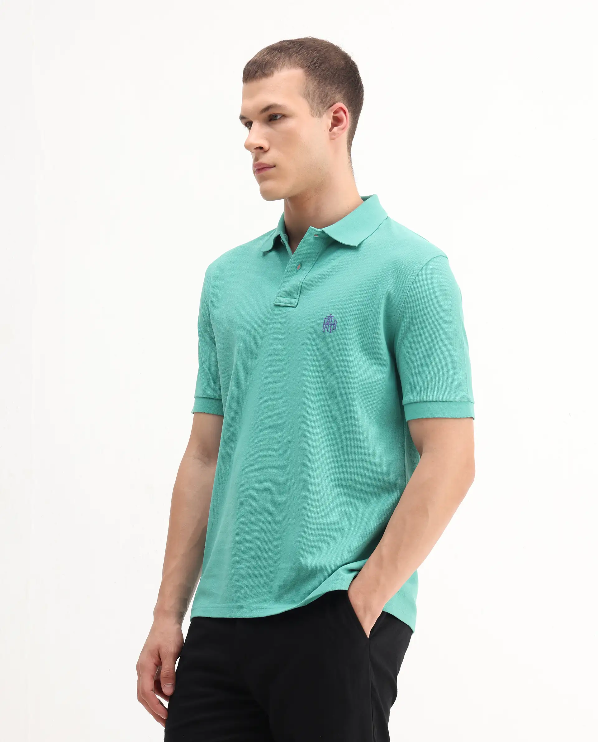 Rare Rabbit Men's Pare-1 Turq Cotton Plain Regular Fit Half Sleeve Polo - Image 6