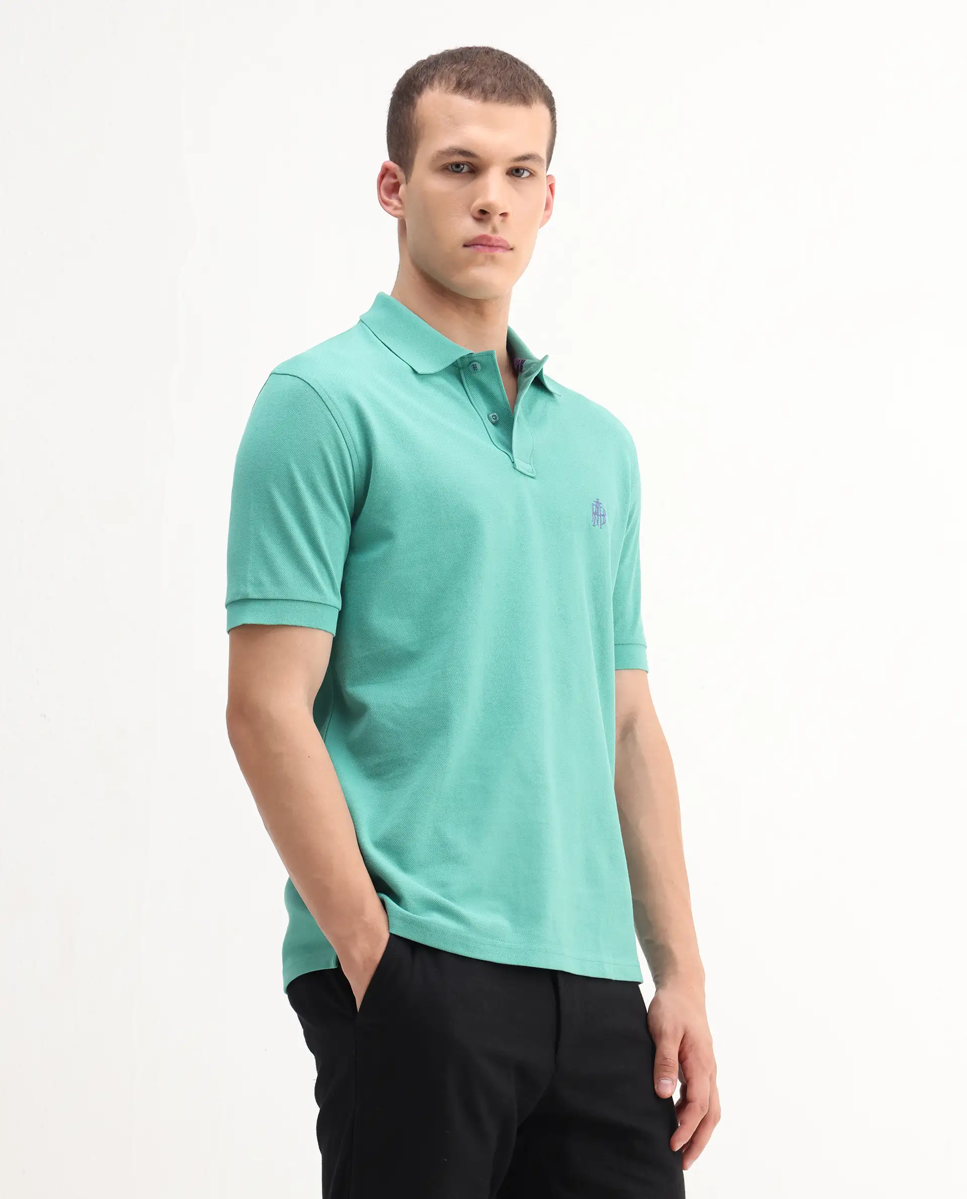 Rare Rabbit Men's Pare-1 Turq Cotton Plain Regular Fit Half Sleeve Polo - Image 7