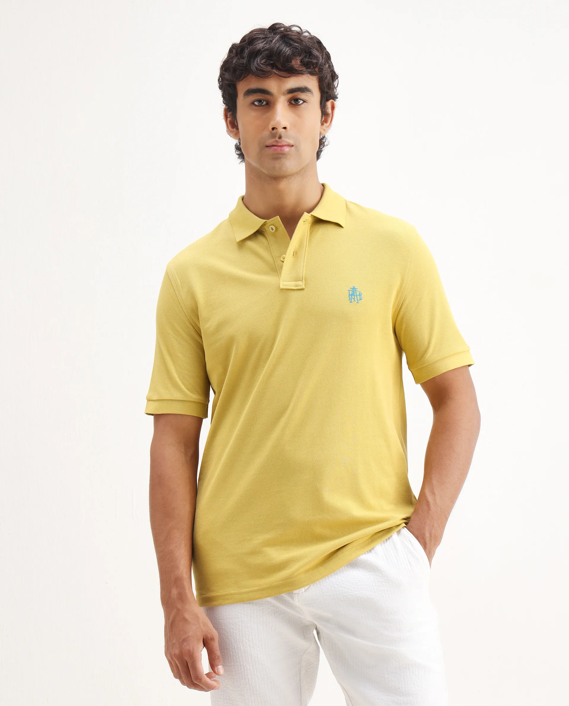 Rare Rabbit Men's Pare-1 Yellow Cotton Plain Regular Fit Half Sleeve Polo - Image 4