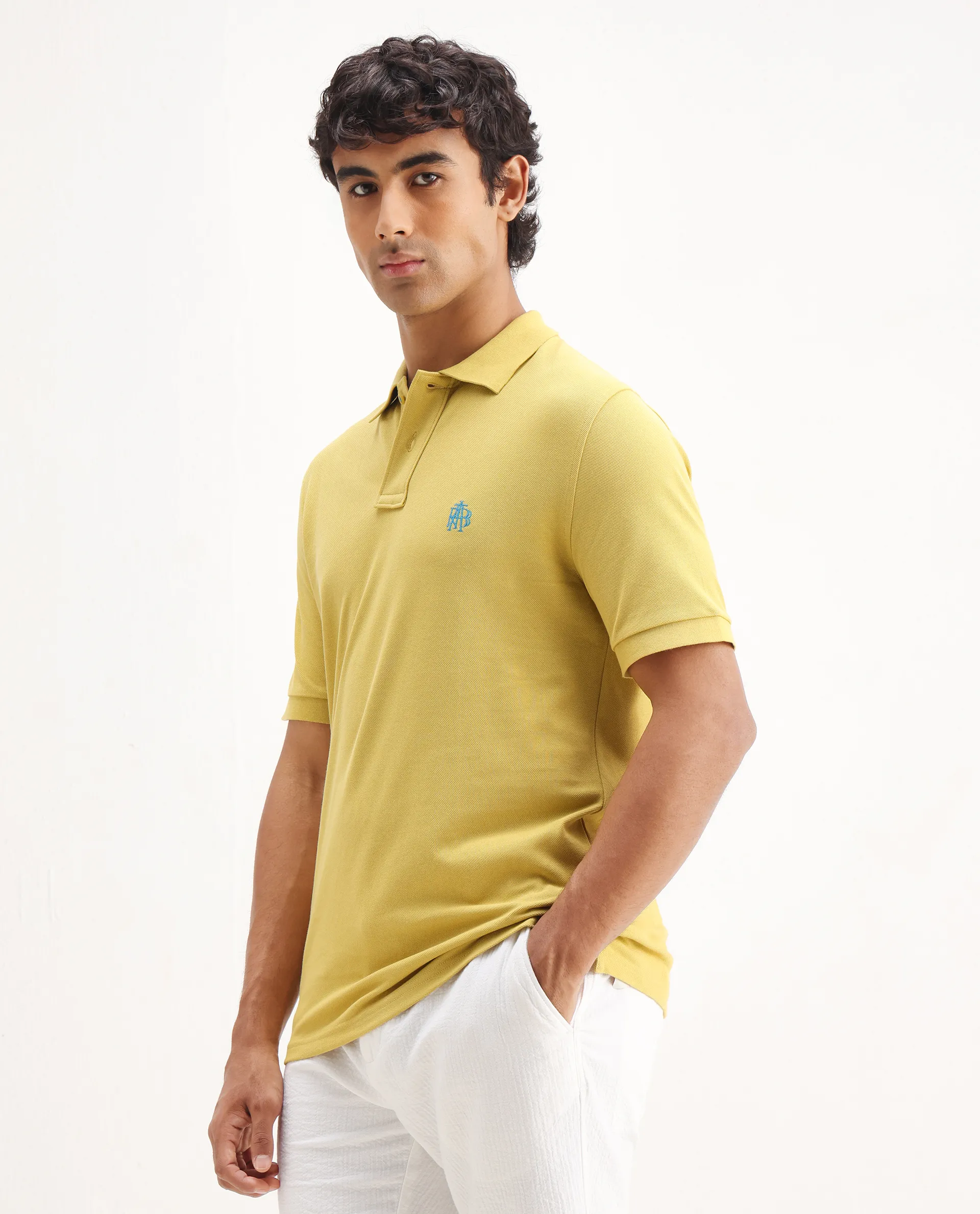 Rare Rabbit Men's Pare-1 Yellow Cotton Plain Regular Fit Half Sleeve Polo - Image 5