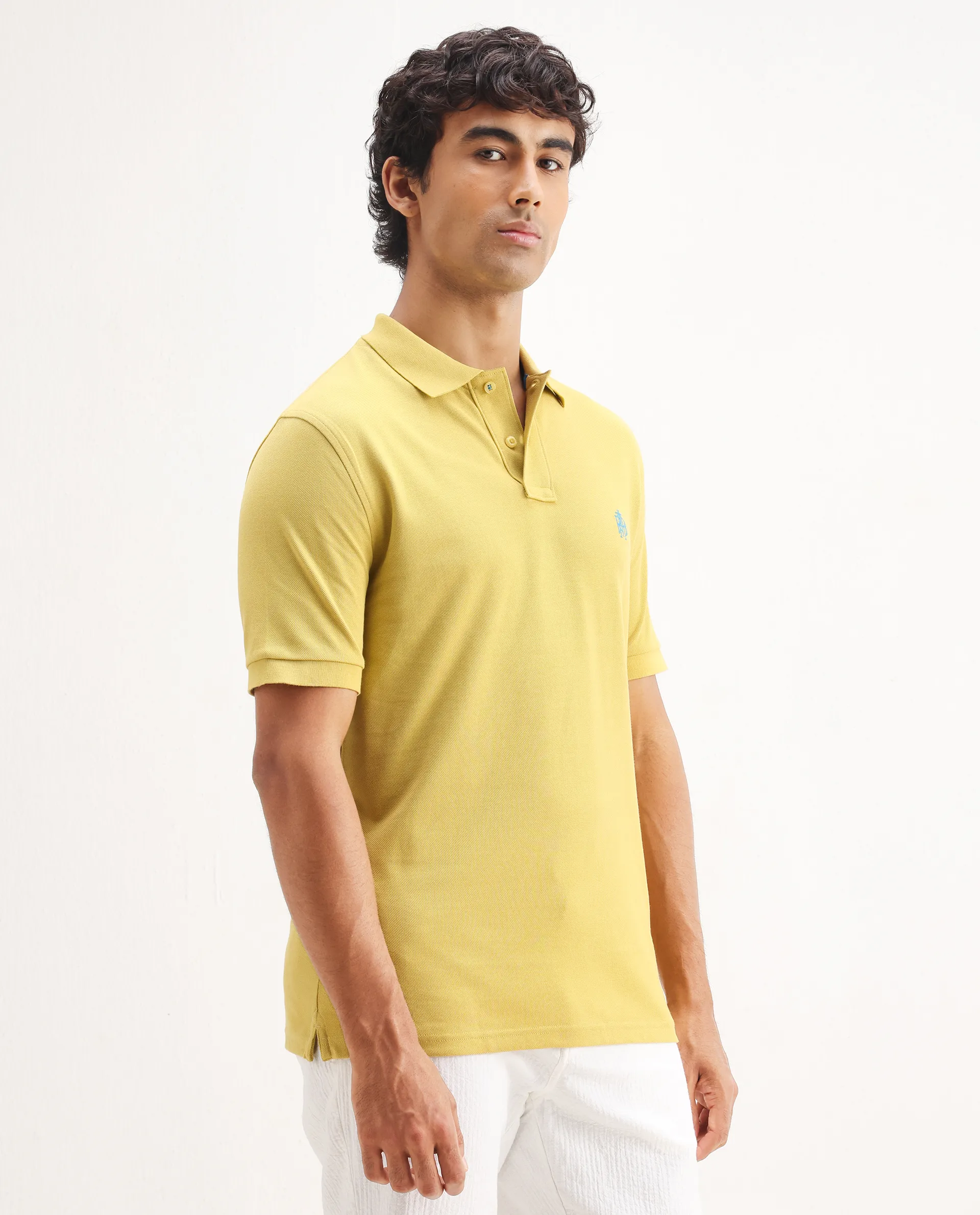 Rare Rabbit Men's Pare-1 Yellow Cotton Plain Regular Fit Half Sleeve Polo - Image 6
