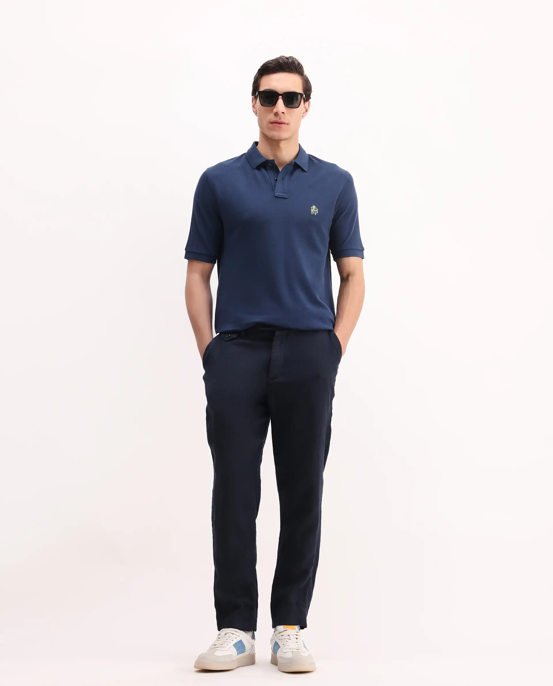 Rare Rabbit Men's Pare Blue Cotton Embroidered Regular Fit Half Sleeve Polo - Image 2