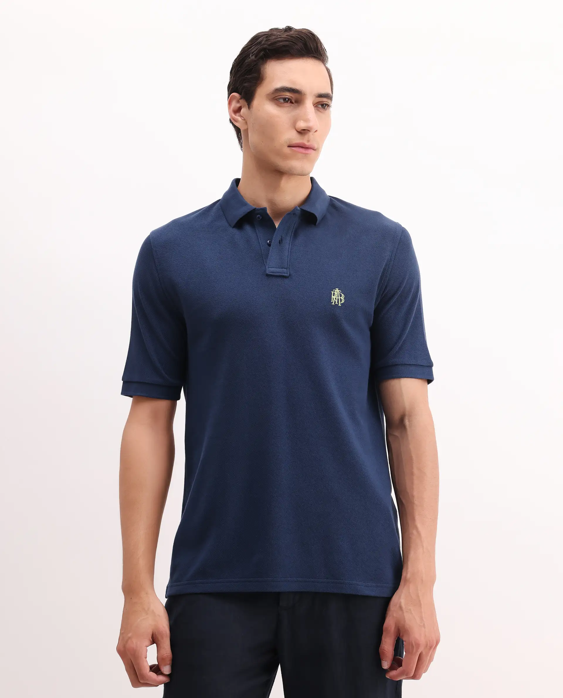 Rare Rabbit Men's Pare Blue Cotton Embroidered Regular Fit Half Sleeve Polo - Image 3