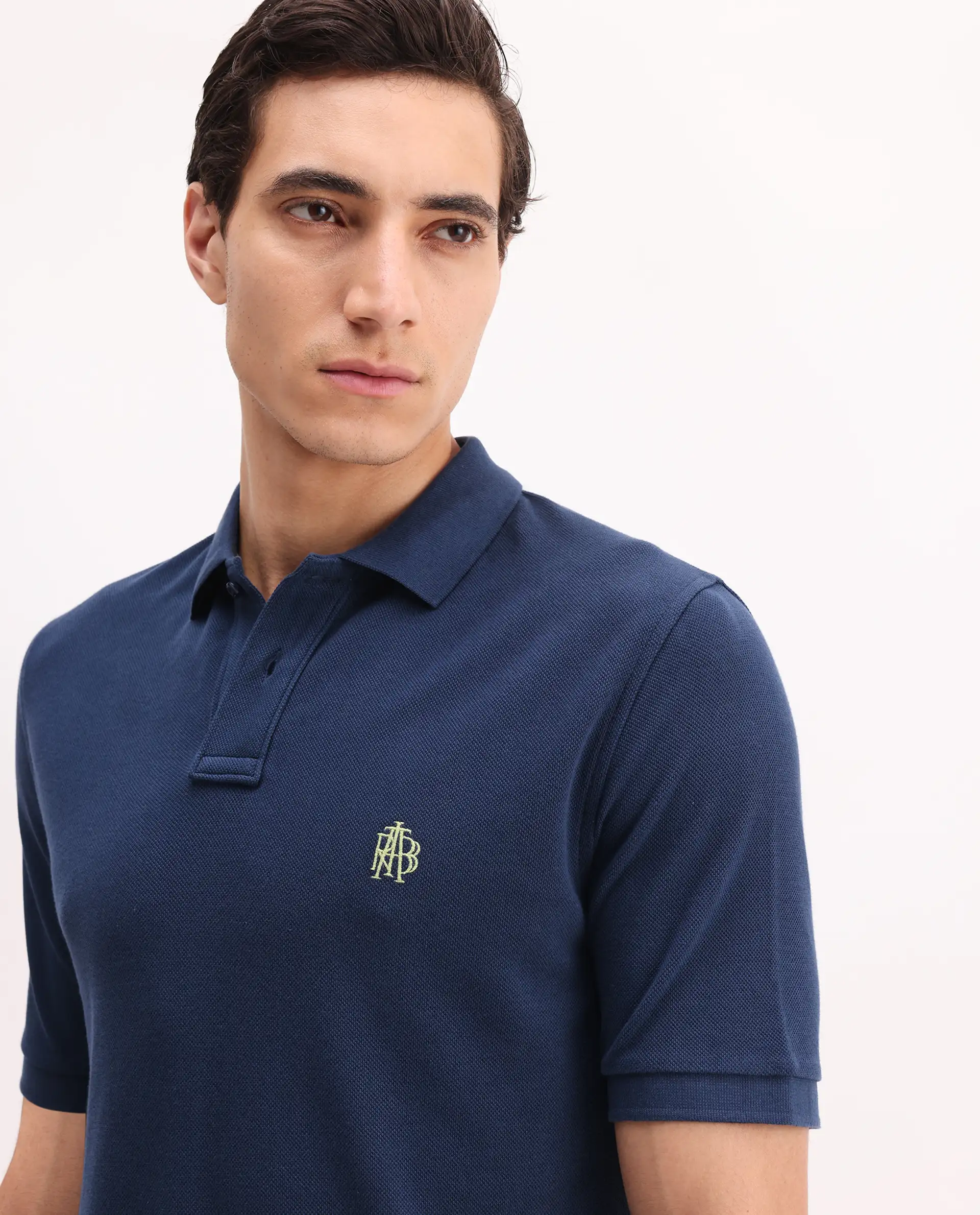 Rare Rabbit Men's Pare Blue Cotton Embroidered Regular Fit Half Sleeve Polo - Image 4