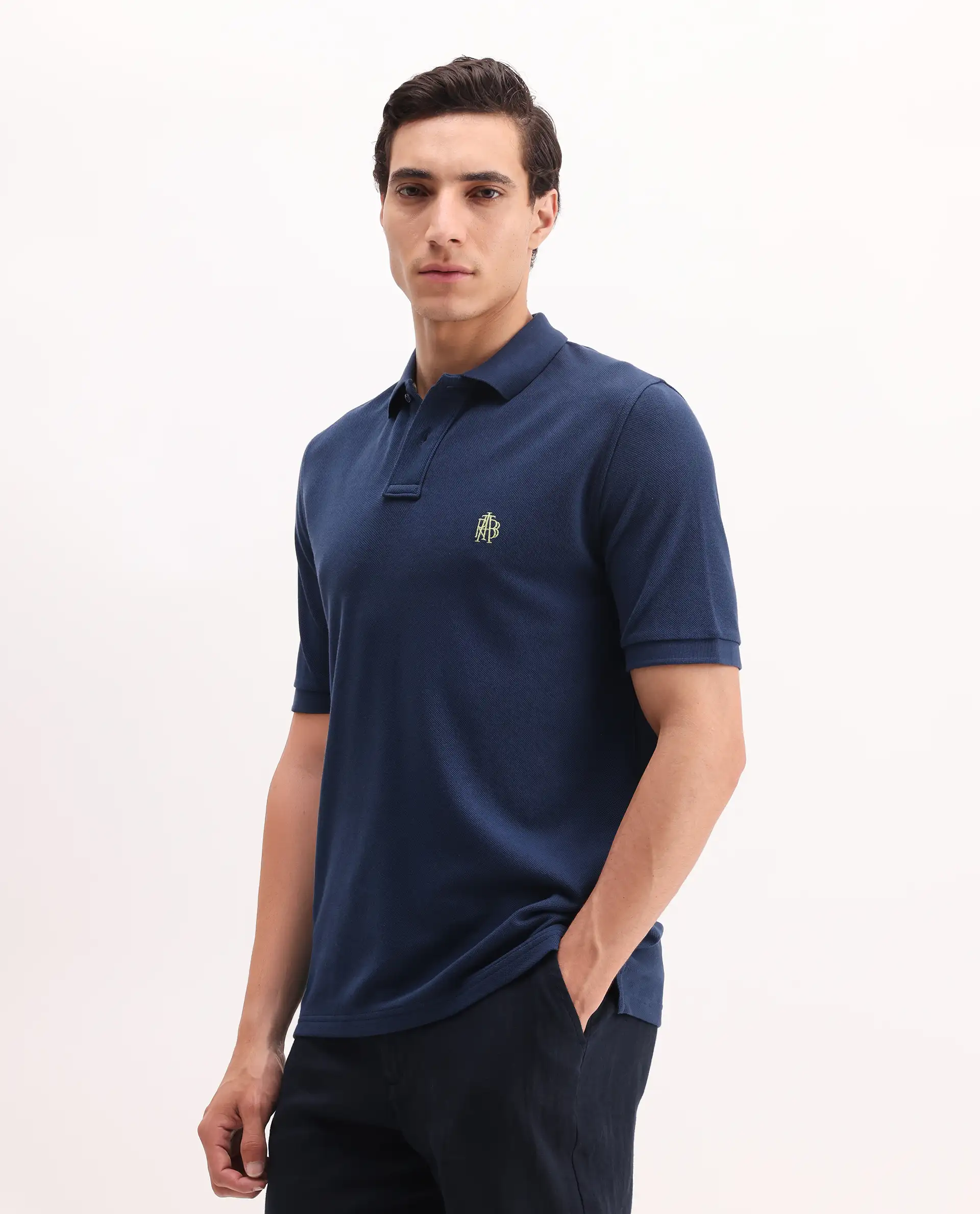 Rare Rabbit Men's Pare Blue Cotton Embroidered Regular Fit Half Sleeve Polo - Image 5